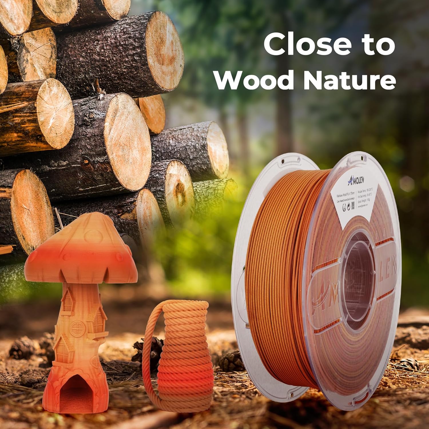 Amolen Wood PLA 1.75mm filament with wood-like texture, 3D printed models, "Close to Wood Nature" theme