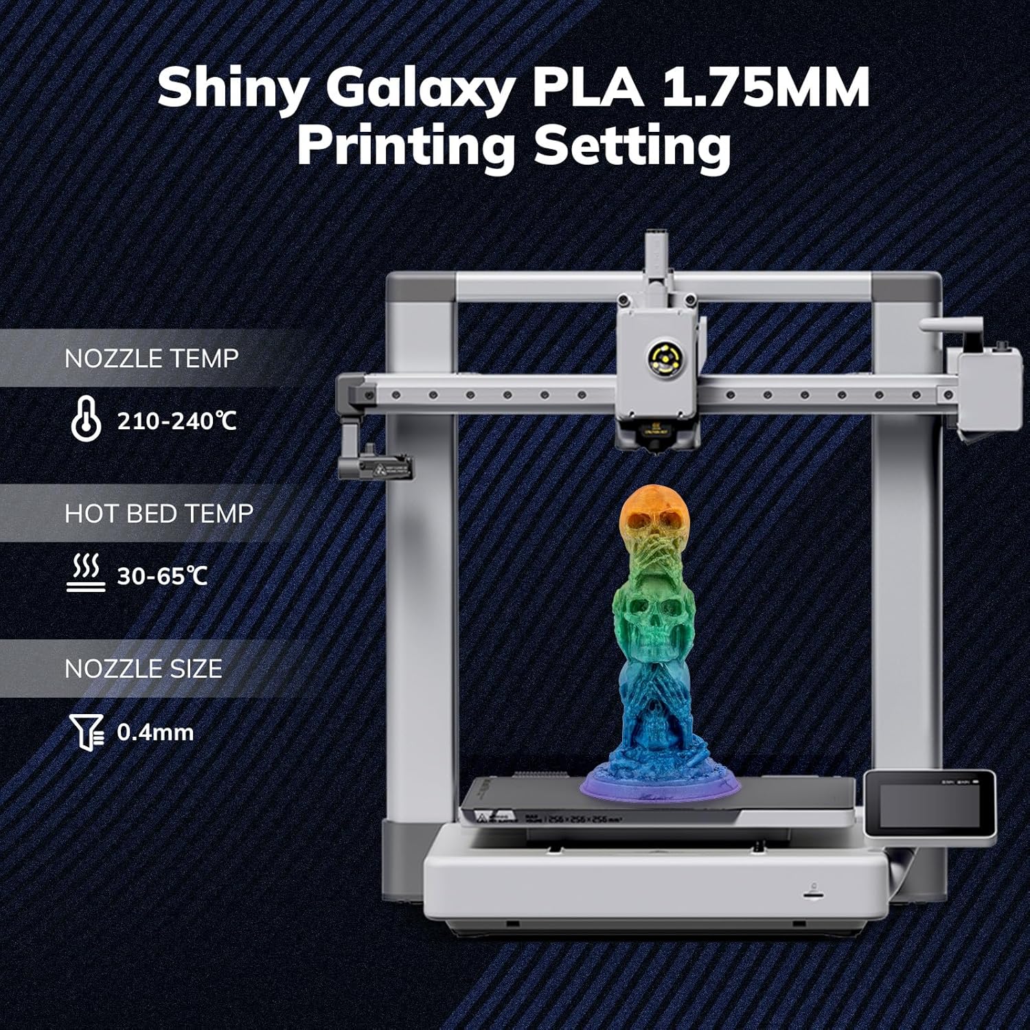 Shiny Galaxy PLA 1.75mm filament printing example with multicolor skull figurine and printing settings