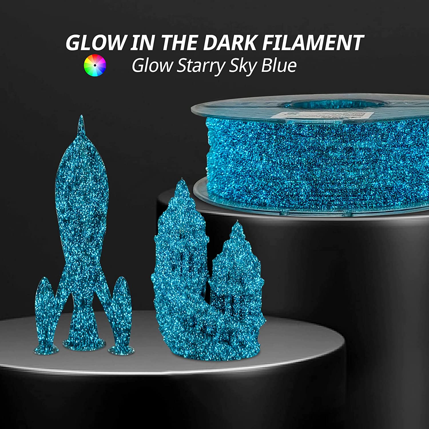 Amolen Glow Starry Sky Blue PLA filament, 3D printed models and spool.