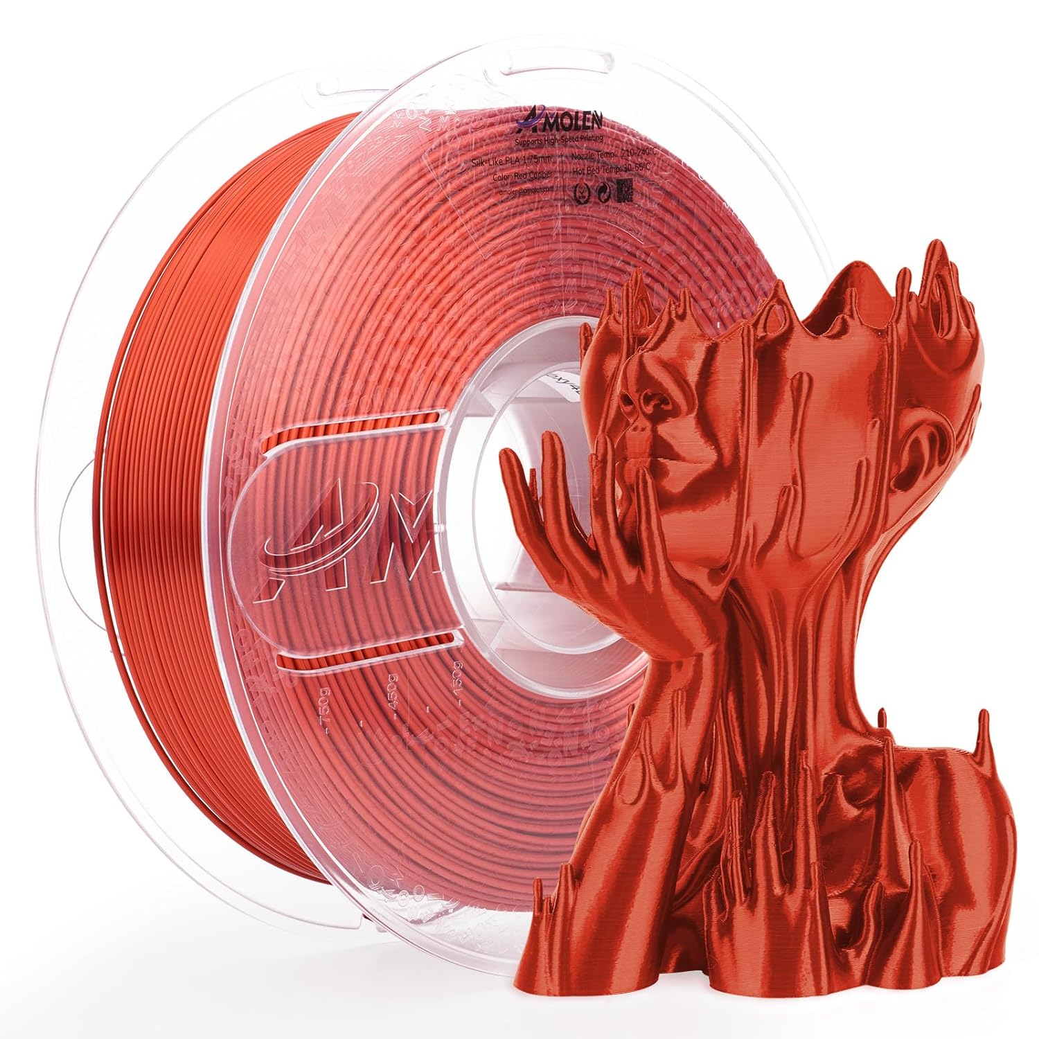 Amolen Silk-Like PLA Red Copper filament spool with a 3D-printed sculpture, shiny finish, for 3D printing projects.