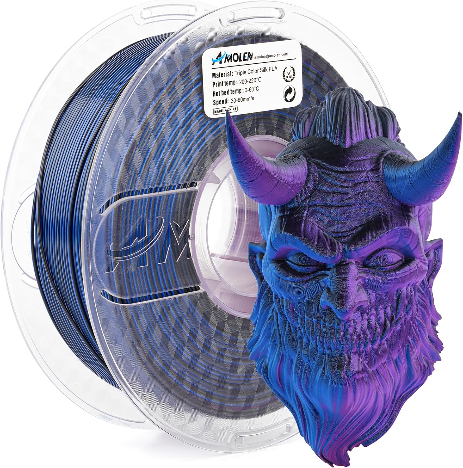 Amolen Triple Color Silk PLA filament spool with 3D printed demon model in blue and purple, perfect for 3D printing projects.