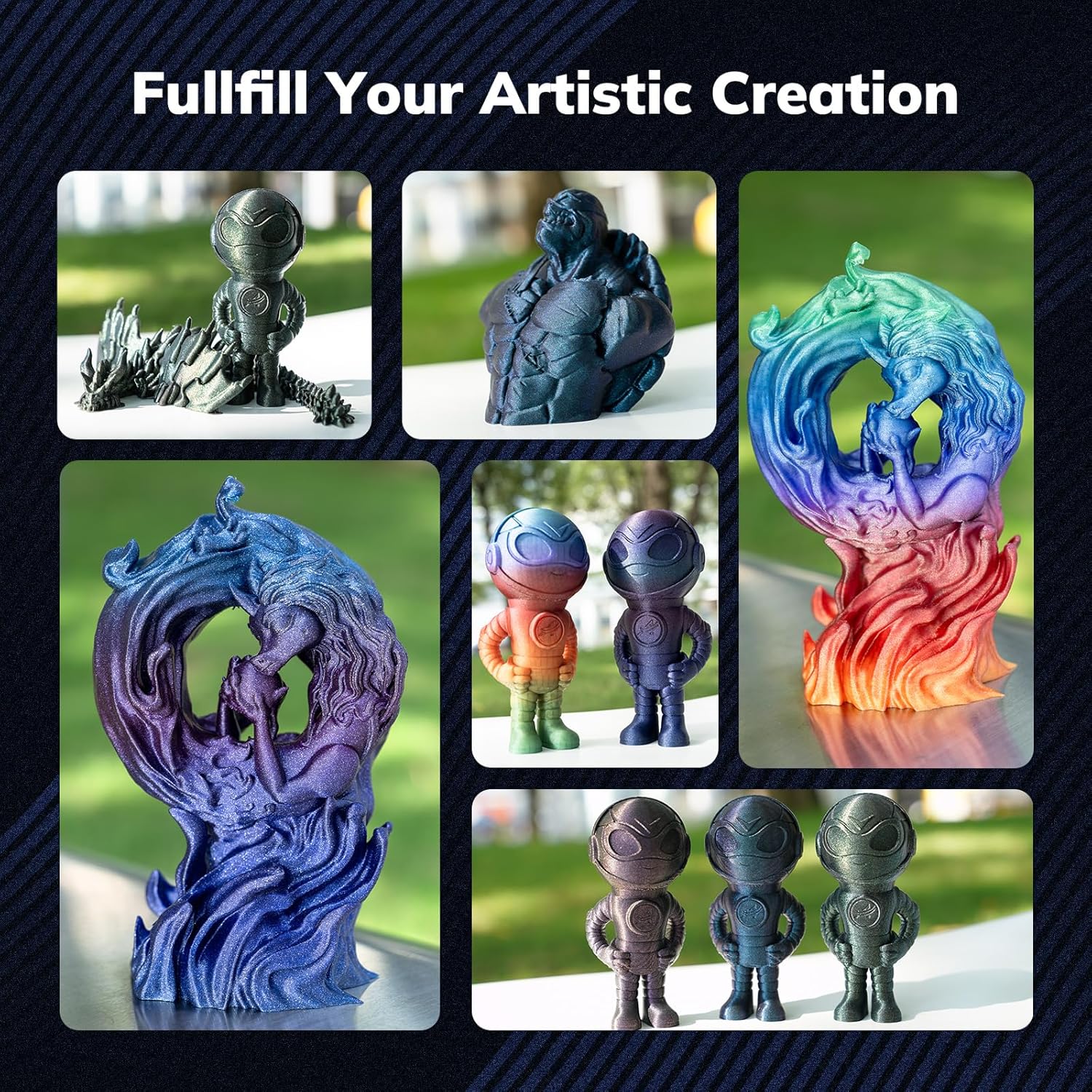 Amolen PLA Galaxy filament 3D printed figurines, color changing, artistic creations in various forms