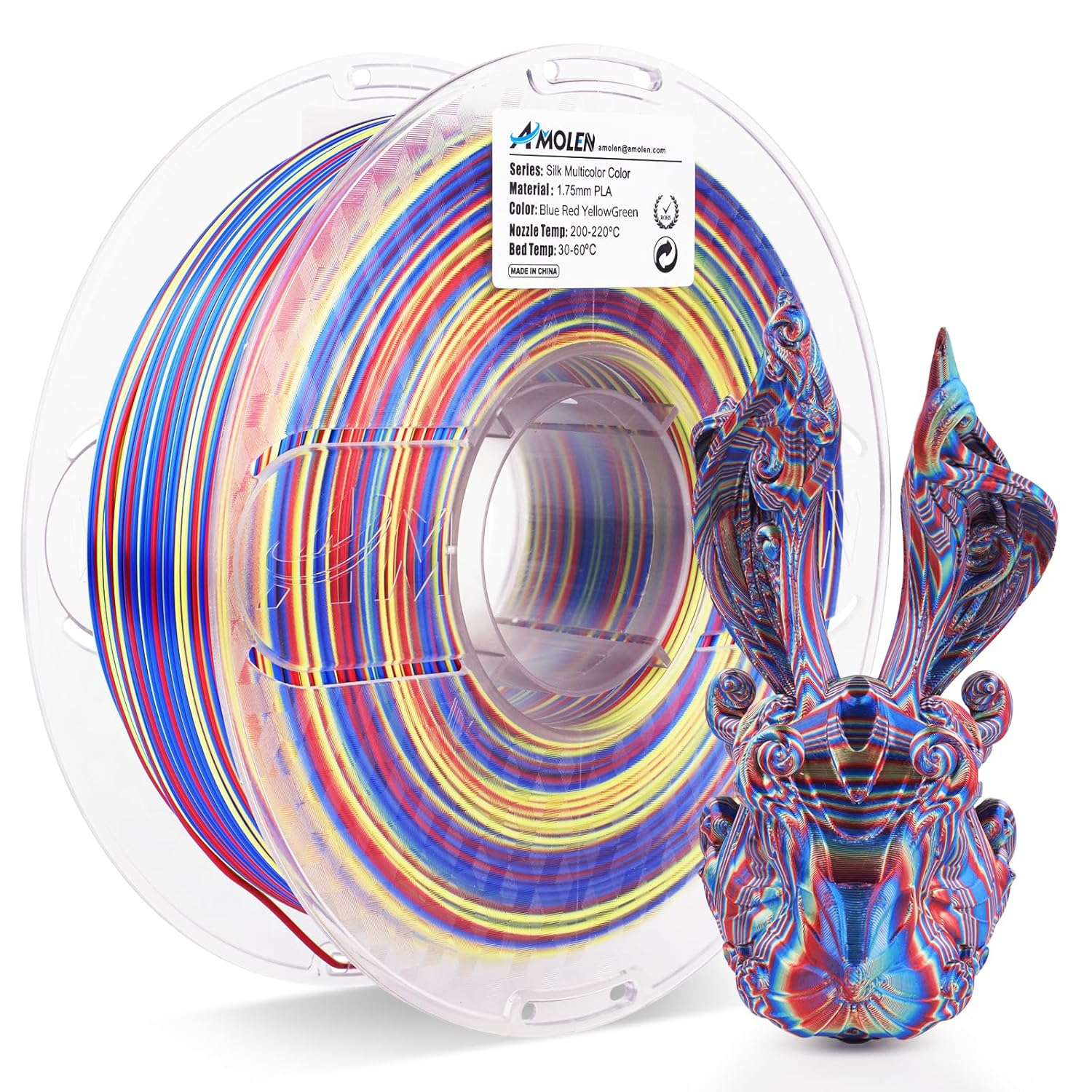 Amolen Silk Multicolor PLA filament spool with 3D-printed multicolor model, 1.75mm, Blue Red Yellow Green.