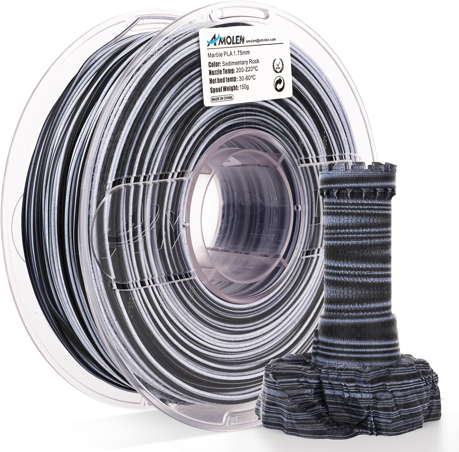 Amolen PLA Marble 1.75mm filament spool and 3D printed castle, marble texture 3D printing material