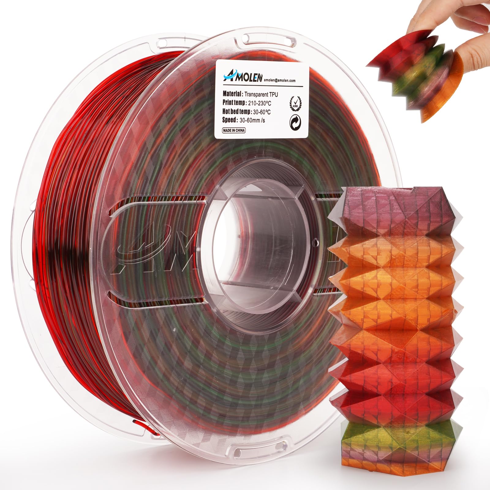 Amolen TPU Rainbow filament spool with 3D printed sample. Multicolor, high elastic recovery and abrasion resistance.