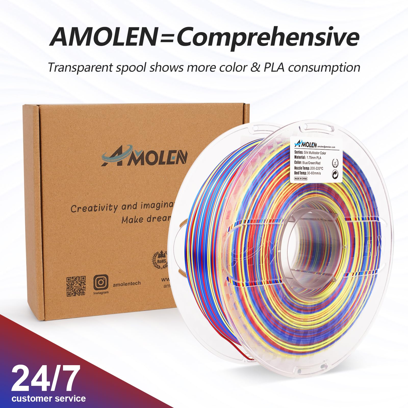 Amolen PLA Silk Multicolor Filament Spool - 1.75mm, Blue, Green, Red transition, fast color change for 3D printing