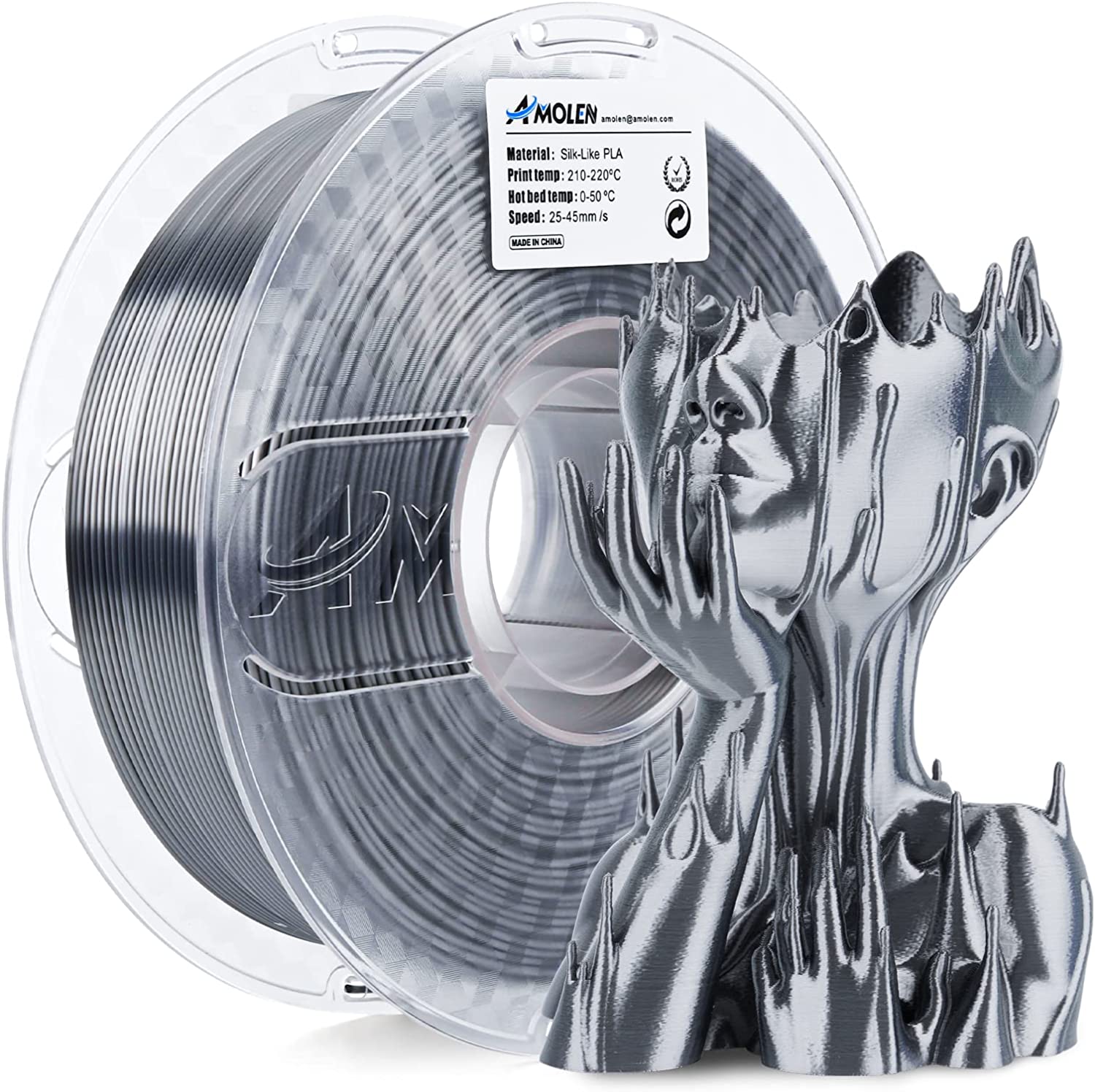 Amolen Silk-Like PLA filament, silver color, with 3D printed sculpture, shiny finish for 3D printing projects.