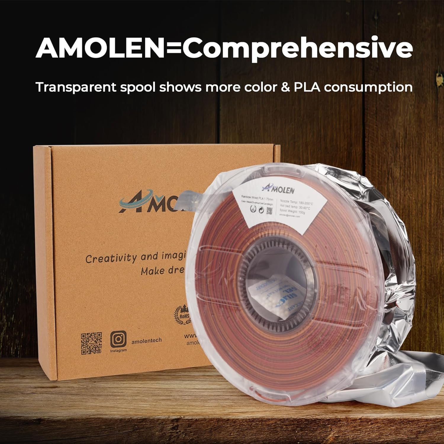 Amolen Wood PLA 1.75mm filament spool, wood texture and grain, transparent spool design, eco-friendly 3D printing material