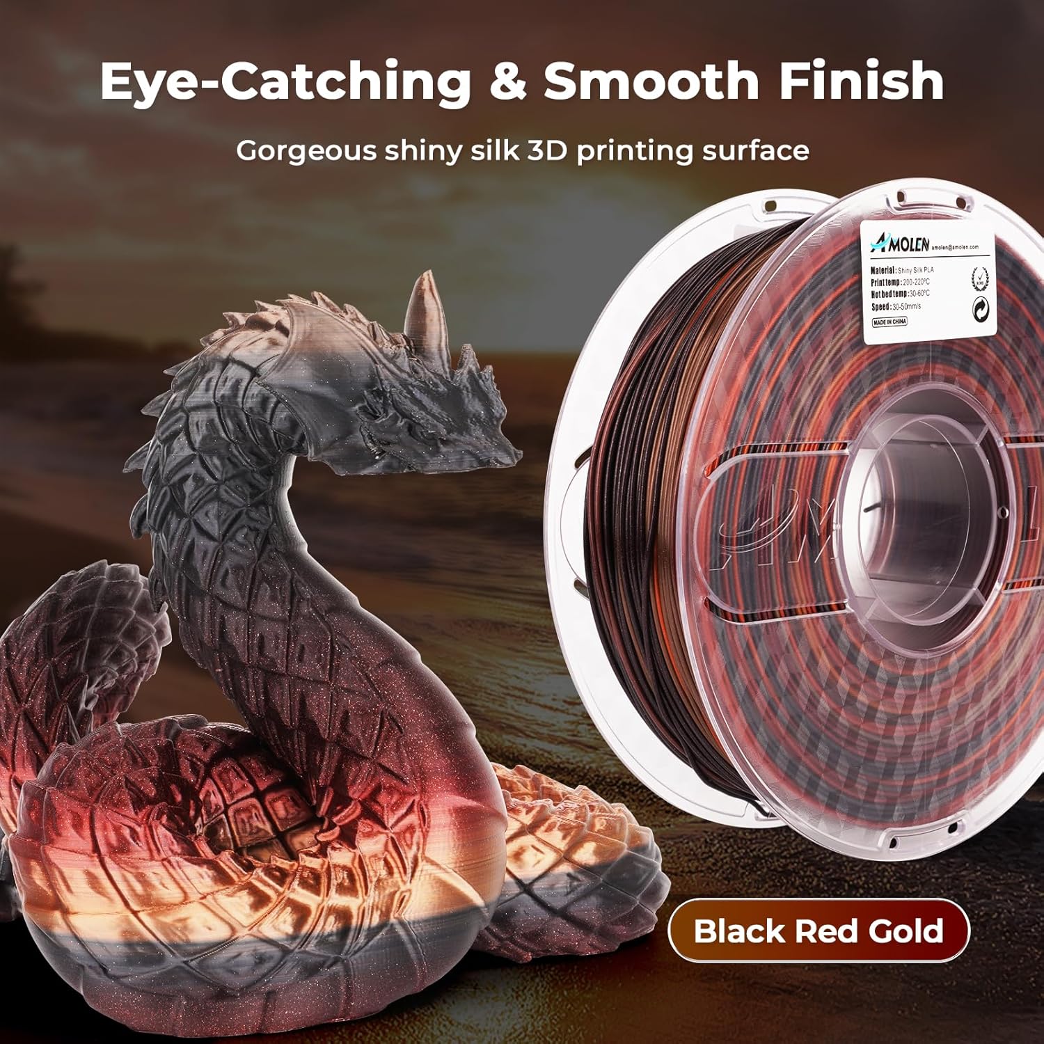 Amolen Shiny Silk PLA filament 1.75mm Black Red Gold gradient 3D print dragon