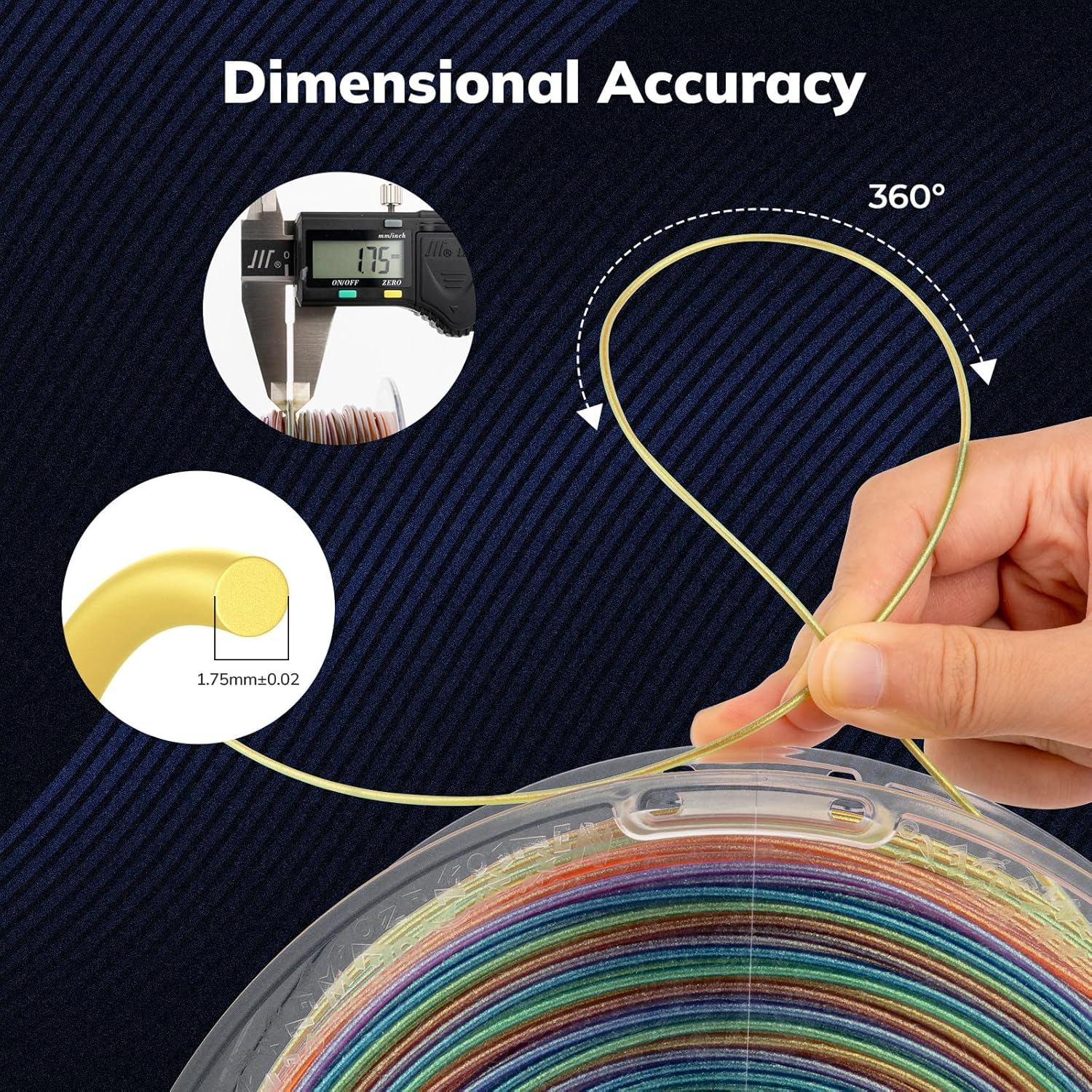 Amolen PLA Galaxy filament, 1.75mm dimensional accuracy, demonstrating precision and quality.