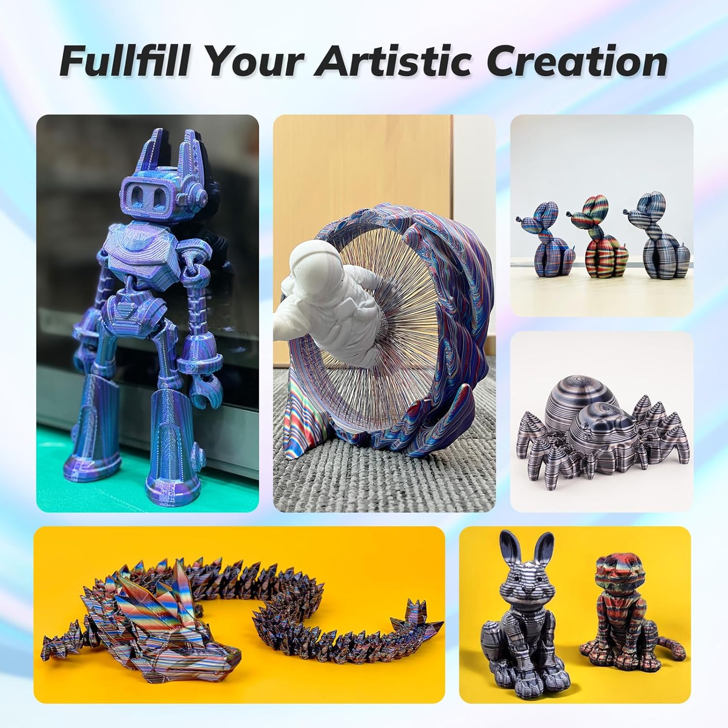 3D prints with Amolen PLA Silk S-Series Filament: robot, dragon, spider, rabbit, and more. Fullfill Your Artistic Creation