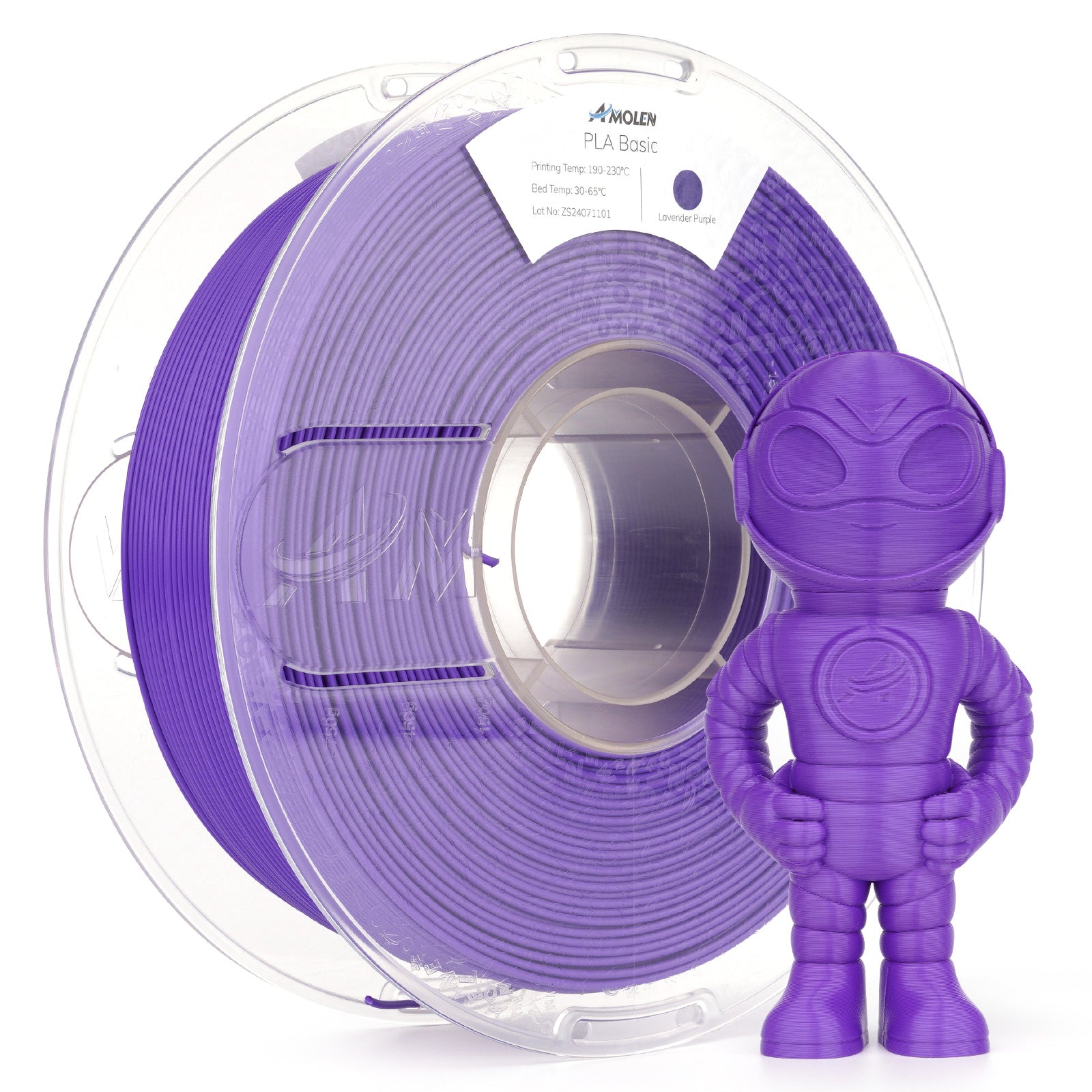 Amolen PLA Basic Lavender Purple filament spool with 3D-printed robot, for high-speed printing.