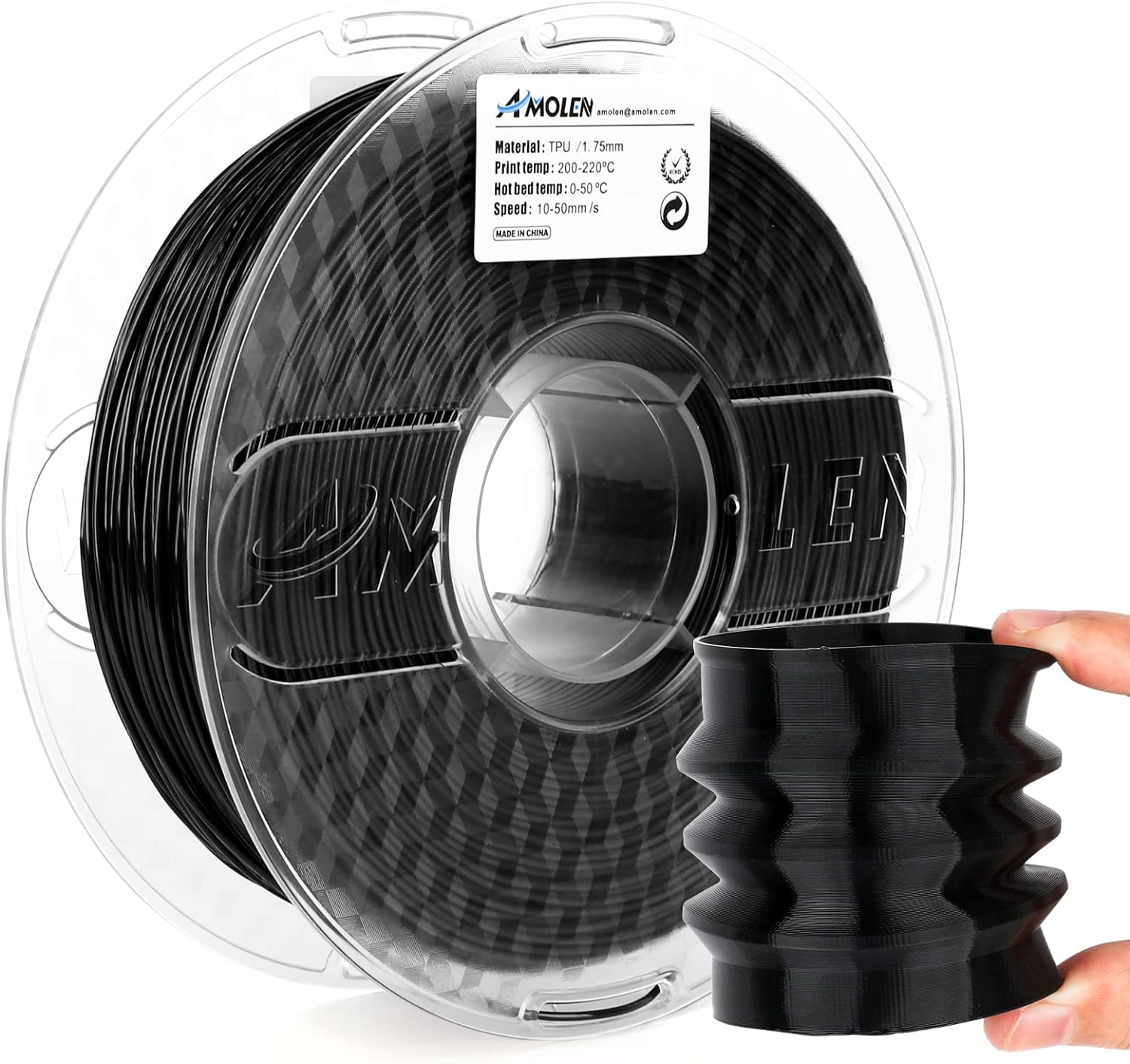 Amolen Basic TPU 1.75mm Black Filament Spool with 3D Printed Flexible Object - High Elastic Recovery & Eco-Friendly