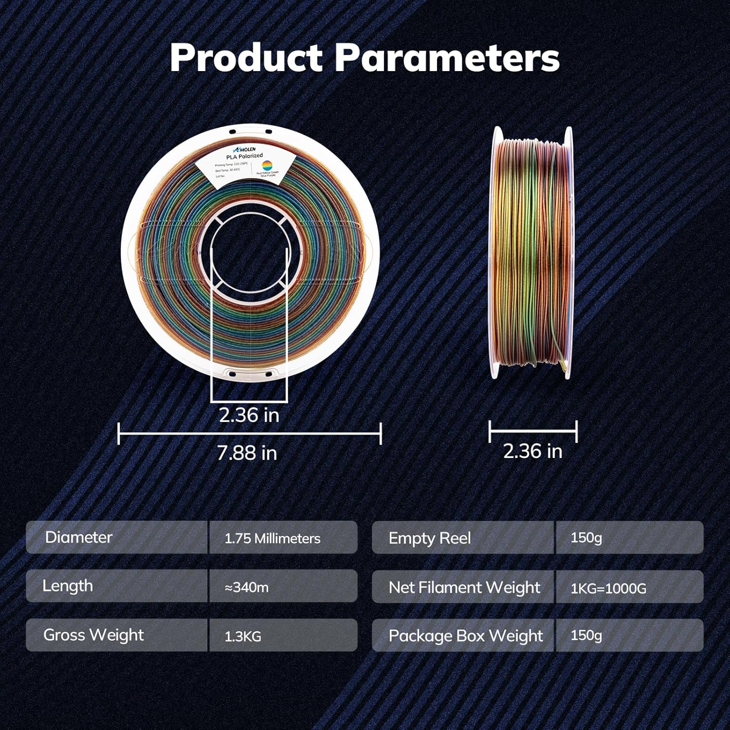 Amolen PLA Polarized 1.75mm filament, showcasing product parameters including diameter, length, and weight.