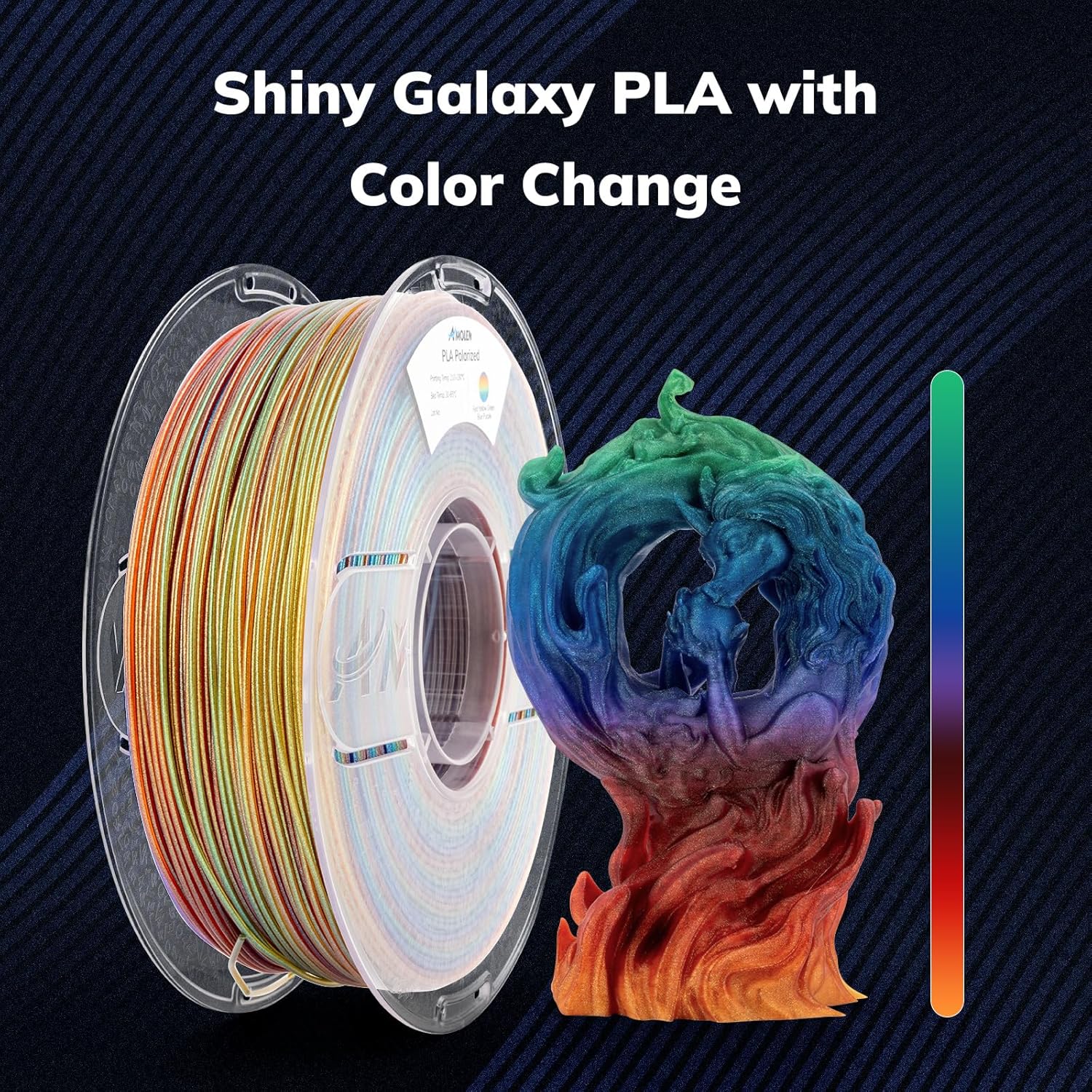 Amolen Shiny Galaxy PLA 1.75mm filament spool next to a color-changing 3D-printed figurine
