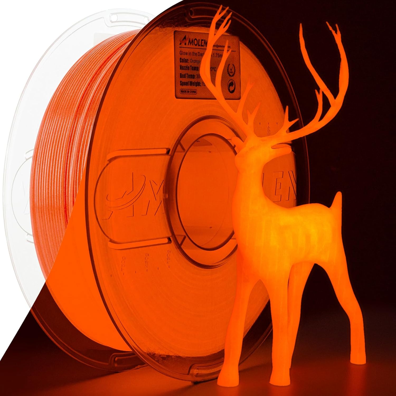 Amolen Glow-in-the-Dark Orange PLA filament spool with glowing 3D-printed deer model, 1.75mm, for Halloween projects