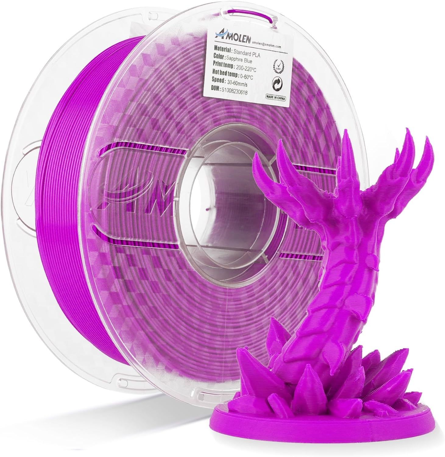 Sapphire Blue Amolen PLA filament spool and 3D-printed figure, high-speed printing material. 1.75mm, 1 KG