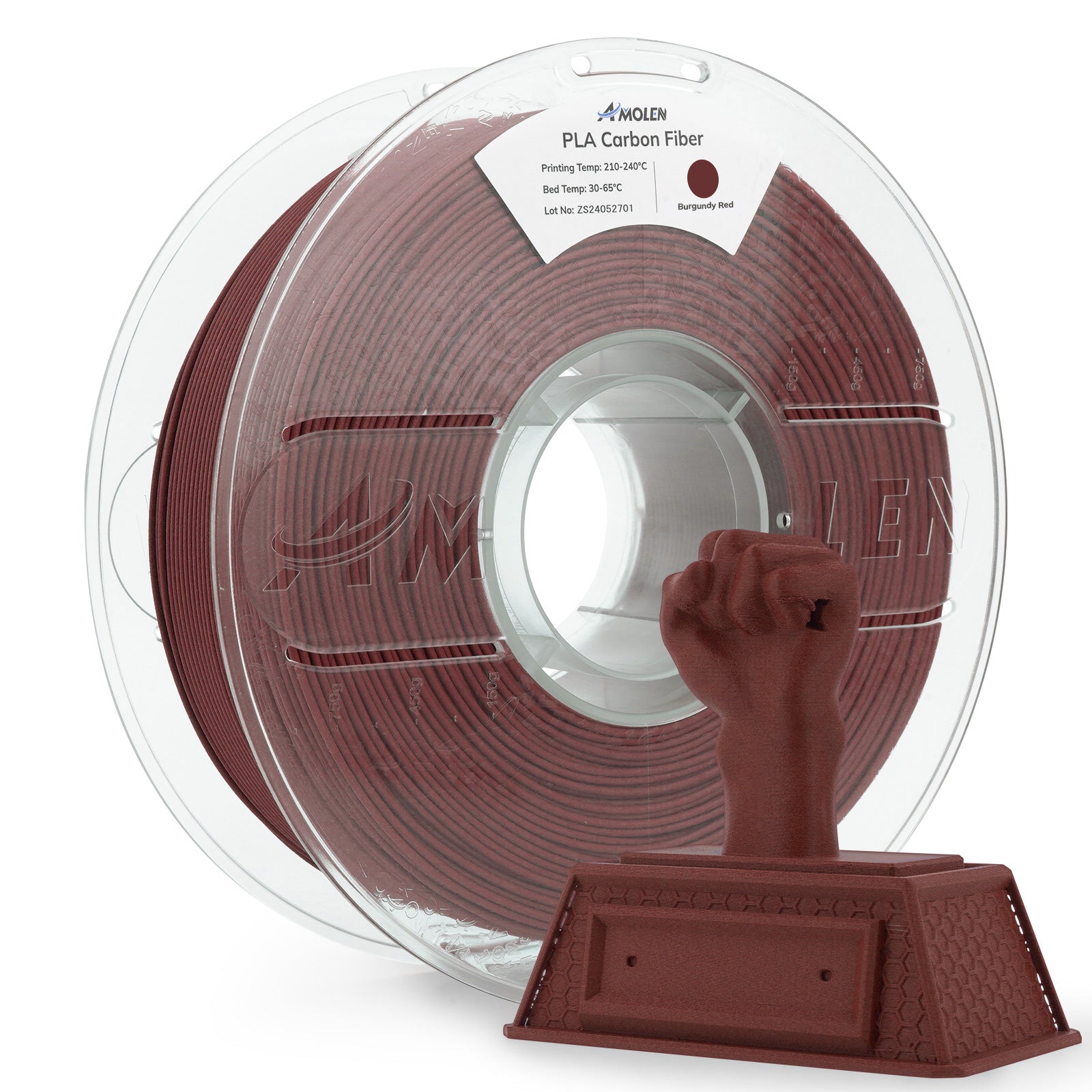 Amolen PLA Carbon Fiber filament spool in Burgundy Red, 1.75mm, with 3D printed sample. Ideal for 3D printing.