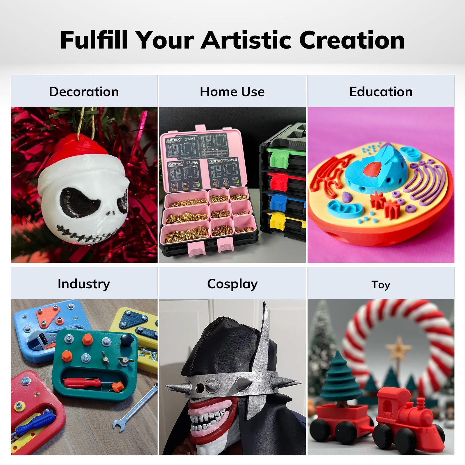 Amolen PLA+ 3D Printing Filament examples: decoration, home use, education, industry, cosplay, and toy projects