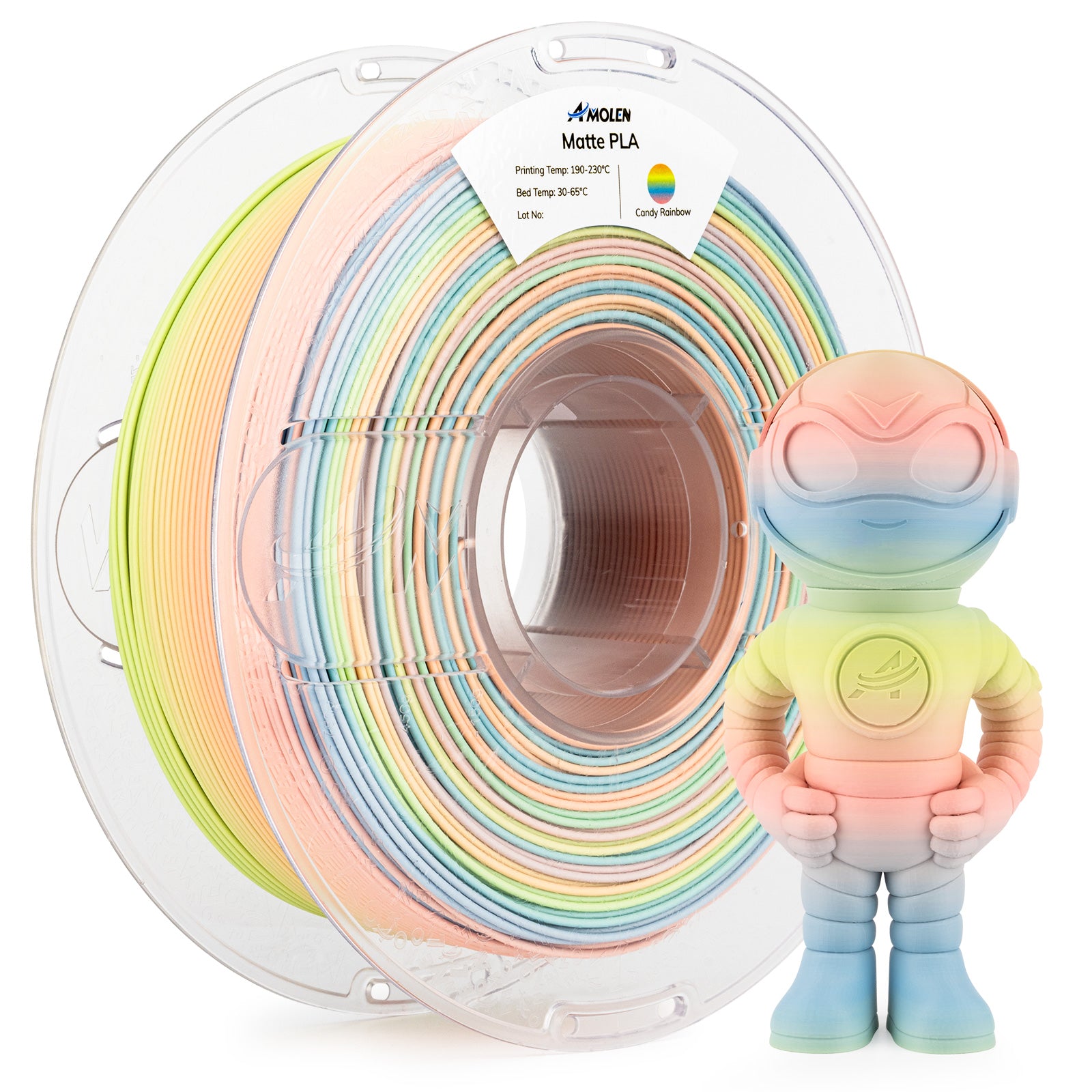 Amolen Matte PLA Candy Rainbow filament 1.75mm for 3D printing. Multi-color matte finish for vibrant prints.