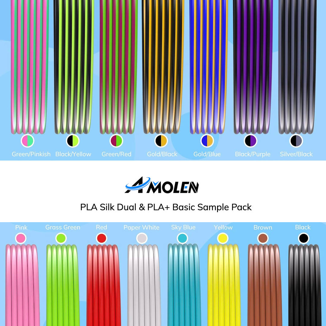 Amolen PLA Silk Dual & PLA+ Basic Sample Pack featuring dual-color and single-color PLA filaments for 3D printing projects.