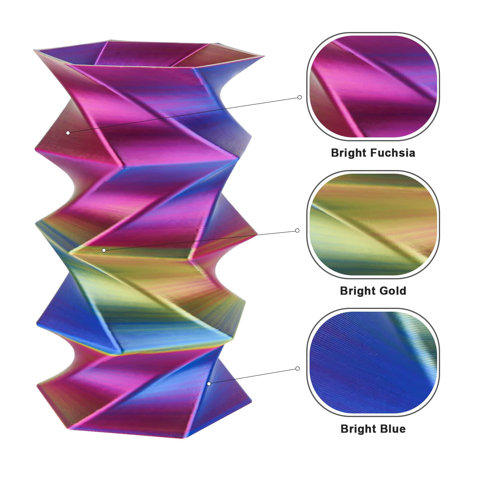 Amolen Silk Triple Color PLA filament 3D printed vase with color-changing effect: Bright Fuchsia, Gold, Blue