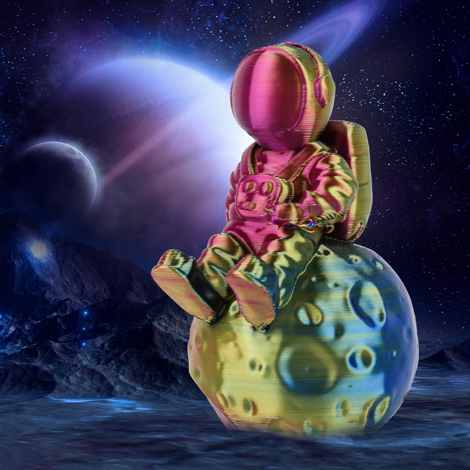 Amolen Silk Triple Color PLA astronaut figurine, showcasing 3-color changing effect for 3D printing