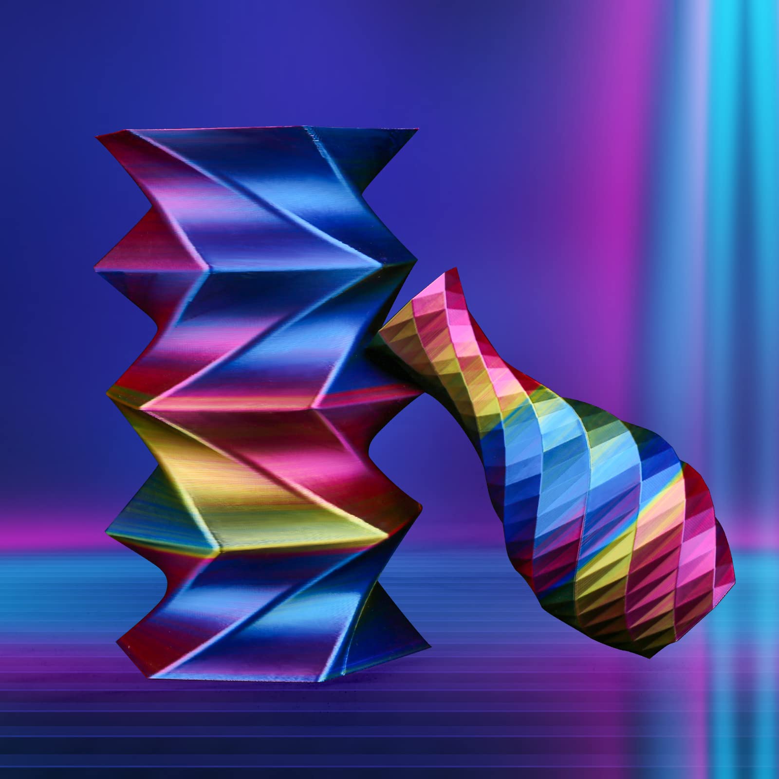3D-printed geometric sculptures with Amolen Silk Triple Color PLA filament, showcasing color change.