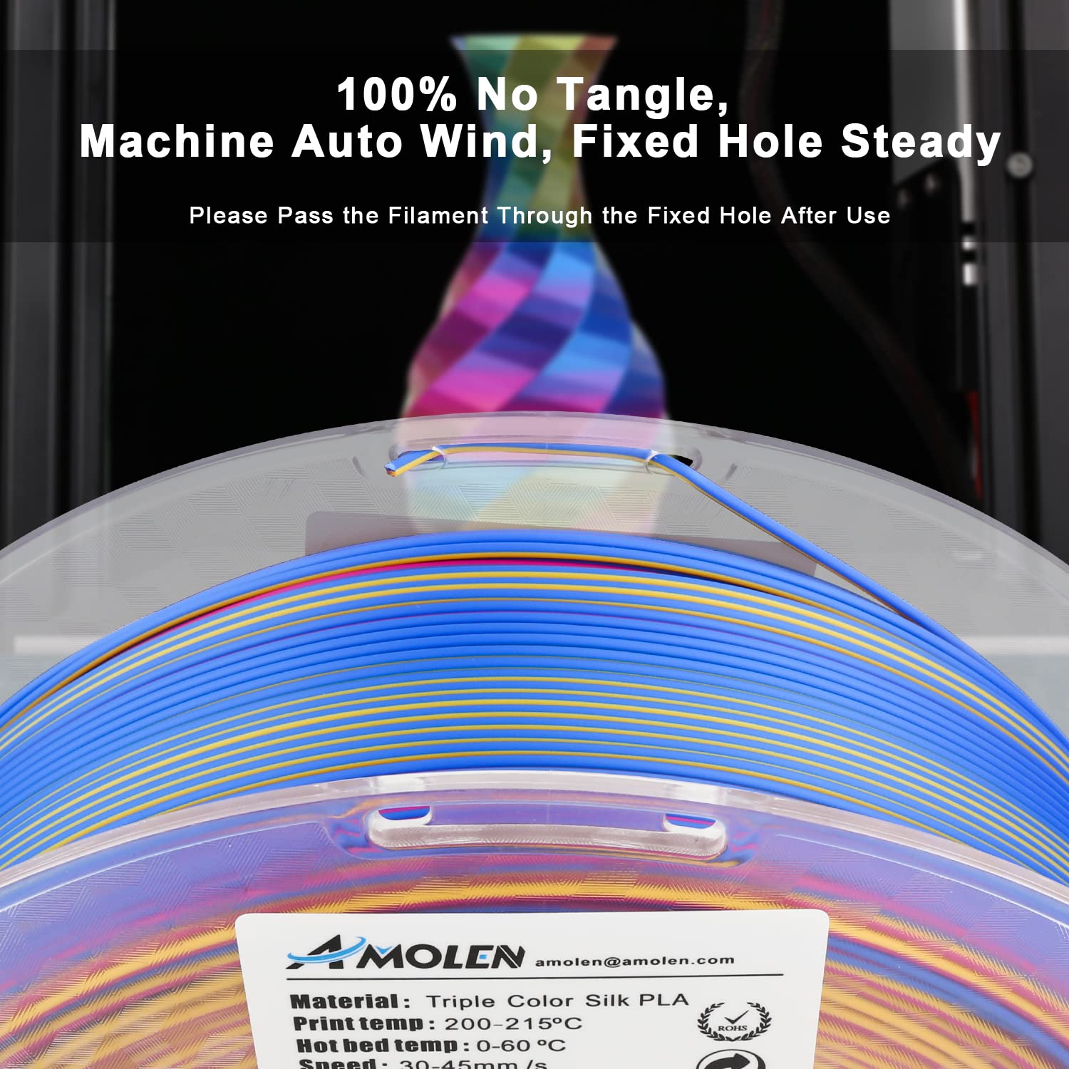 Amolen Triple Color Silk PLA filament spool, 3-color, auto-wind design, ideal for 3D printing projects. No tangle.