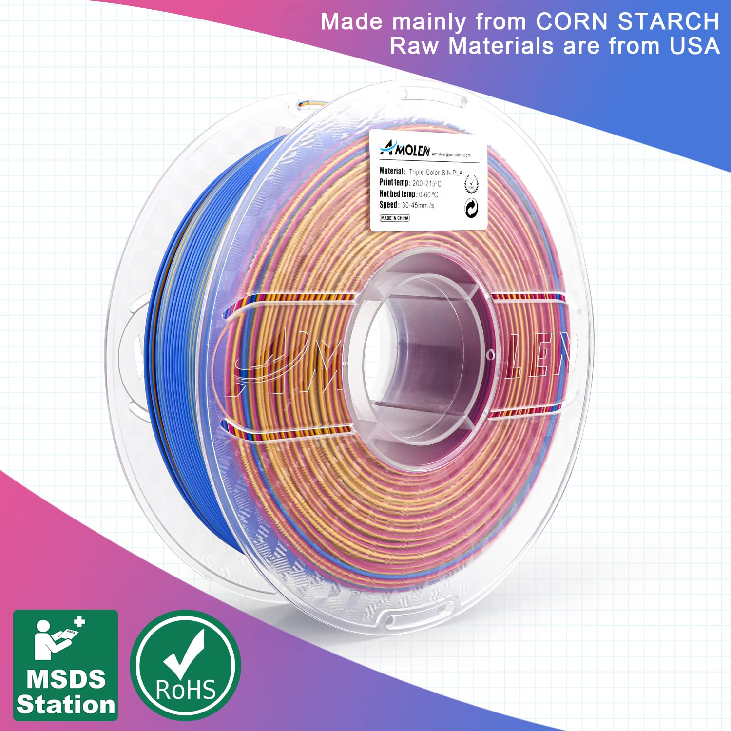 Amolen Triple Color Silk PLA filament spool, 3-color silk, made from corn starch, for 3D printing projects.
