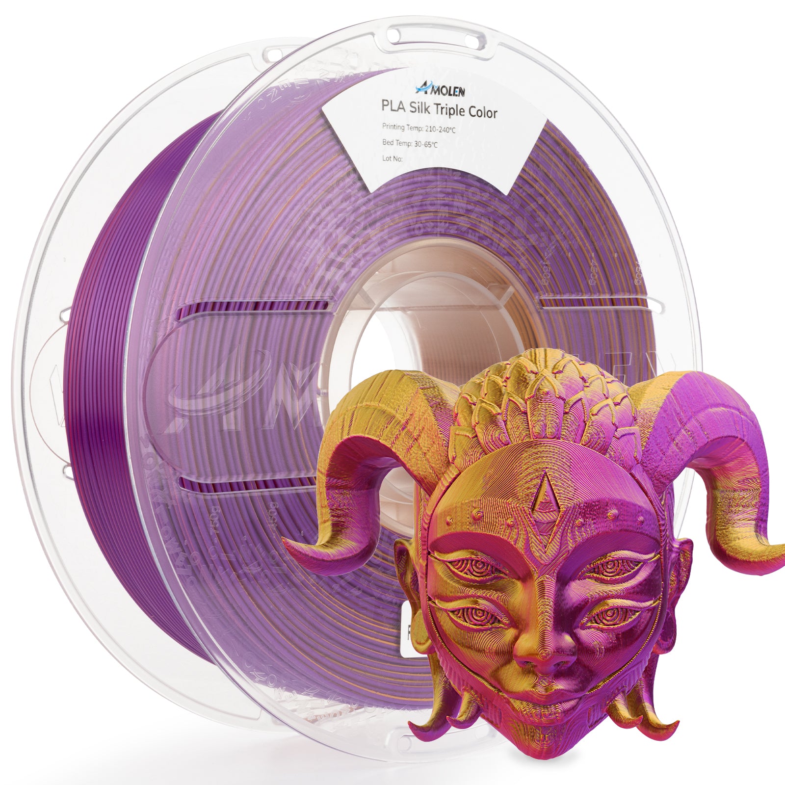 Amolen Silk Triple Color PLA filament spool with 3D printed color-changing face sculpture for 3D printing.