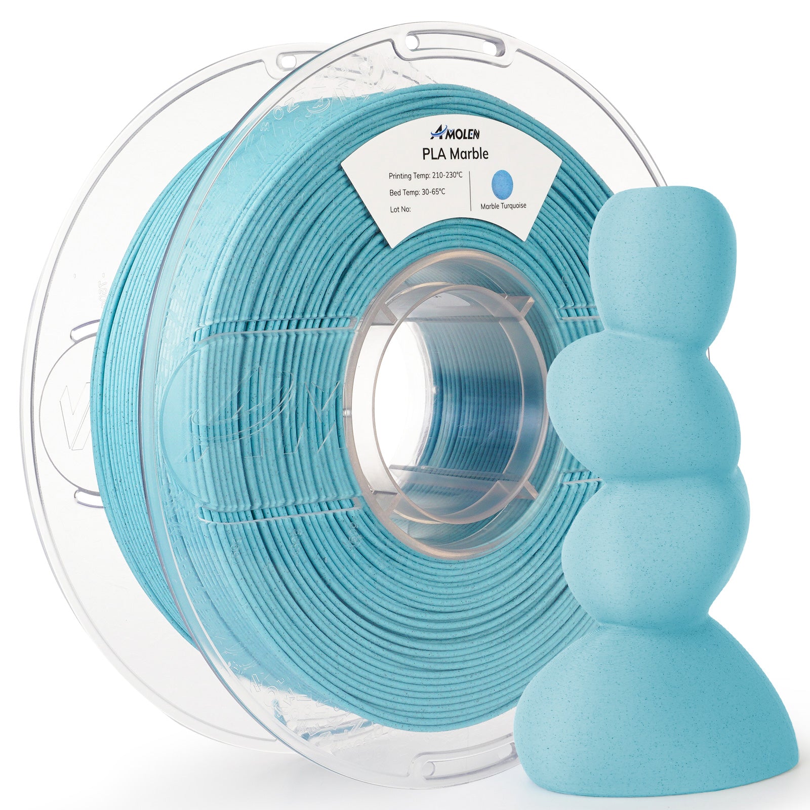 Amolen PLA Marble Turquoise filament spool with 3D printed model, ideal 3D printing material with a marble texture.