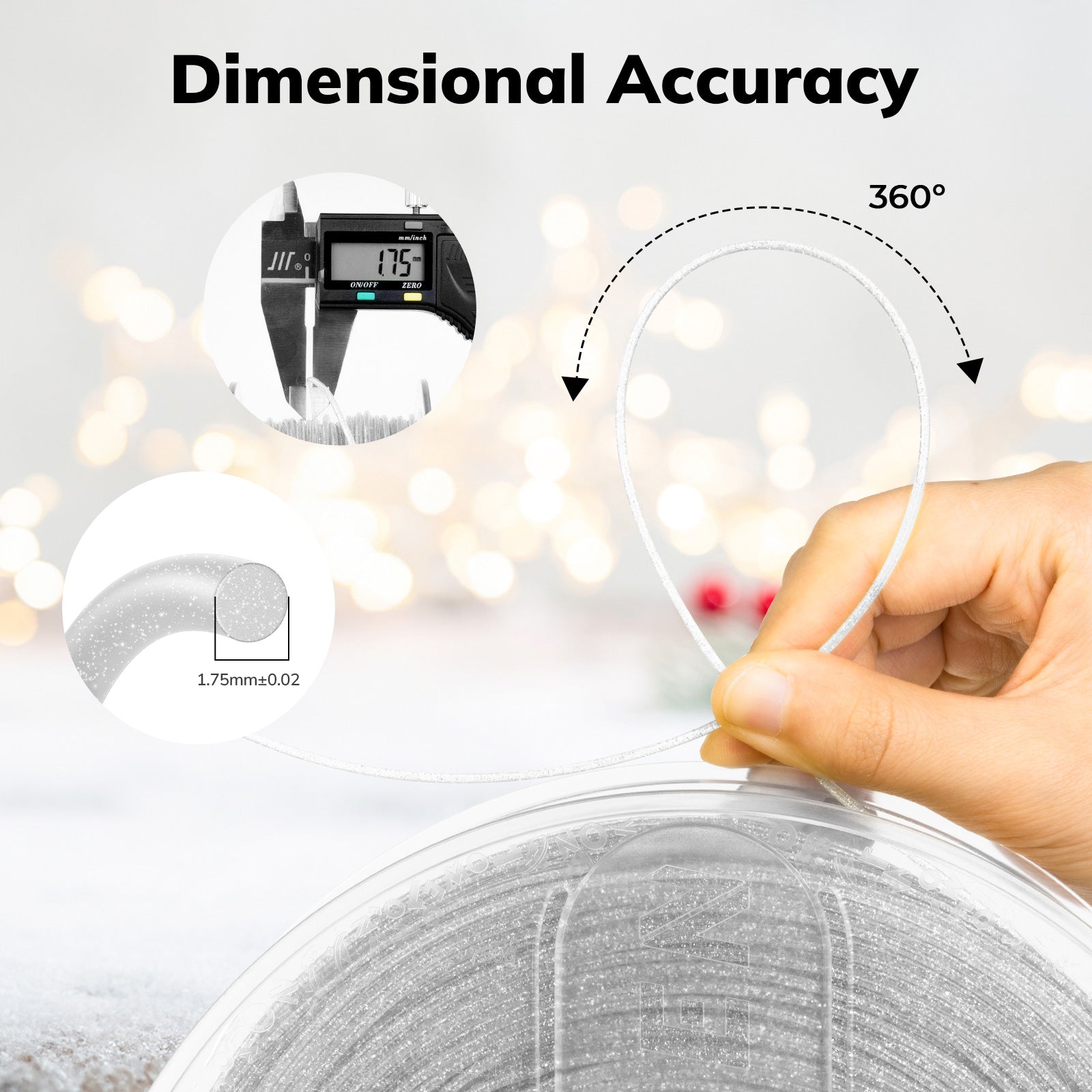 Amolen PLA Shiny Silver filament dimensional accuracy, measuring 1.75mm, perfect for 3D printing projects.