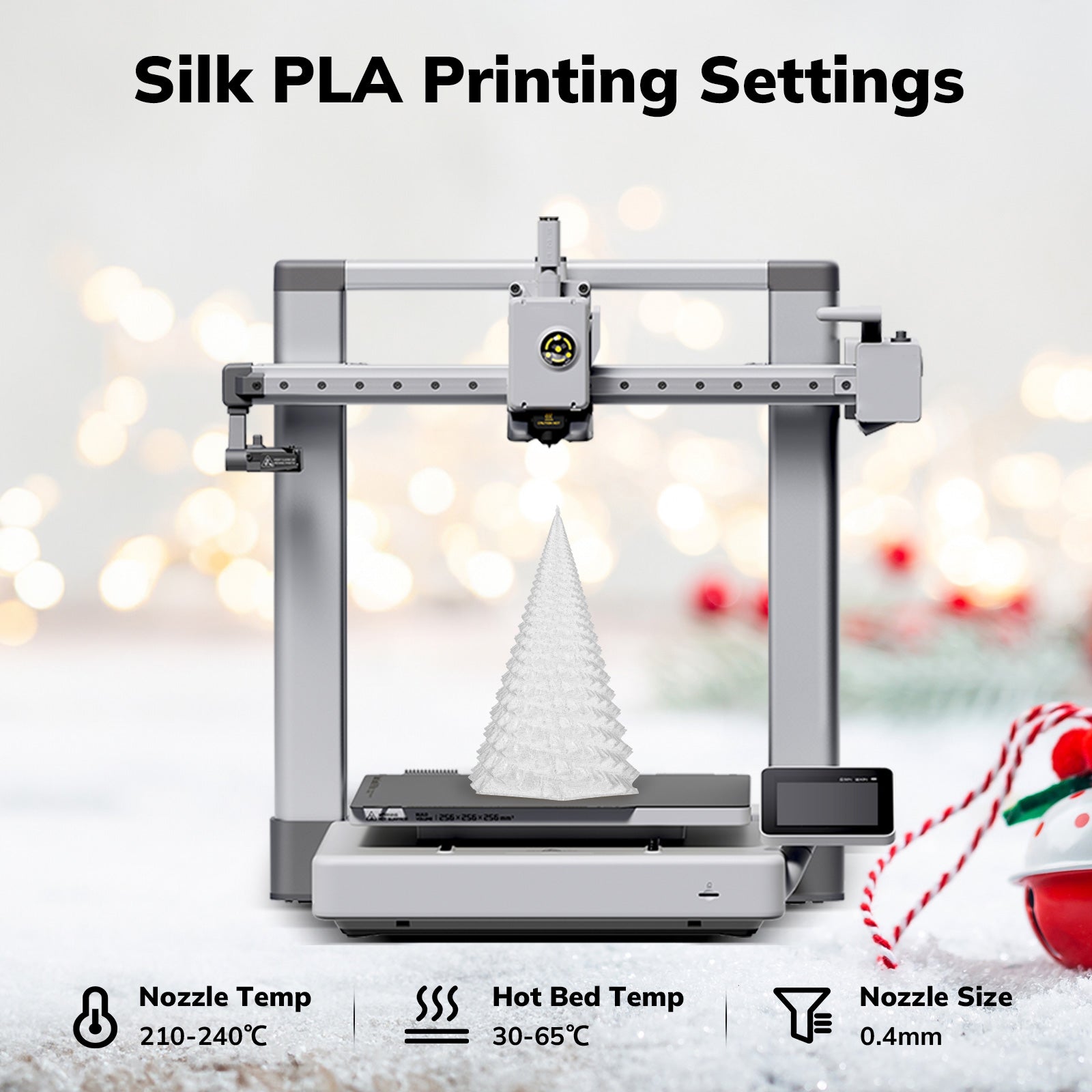 Silk PLA printing settings for Amolen filament, showing temp and nozzle size for 3D printing a Christmas tree.