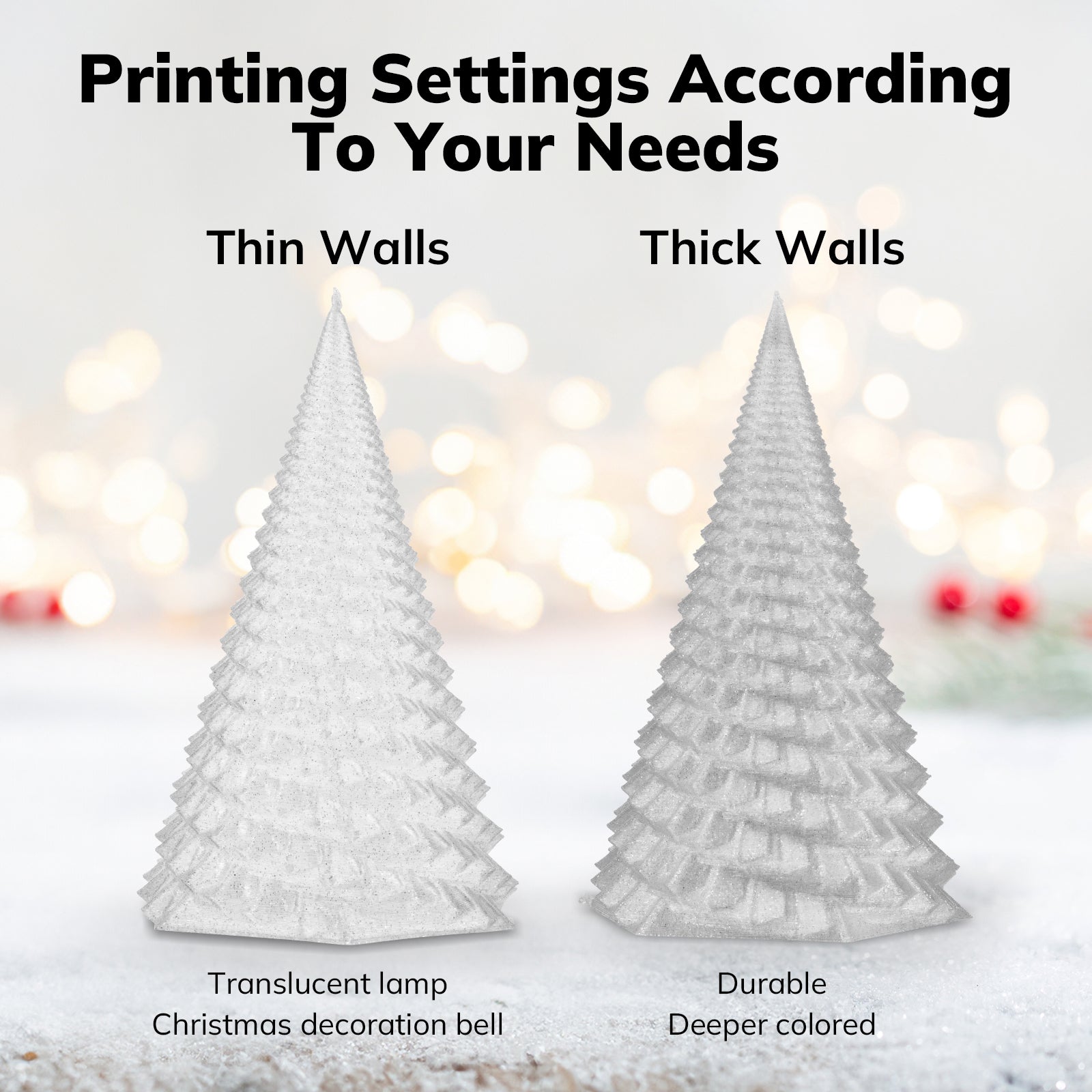 Amolen PLA Shiny filament 3D printed Christmas tree, illustrating print settings for translucent and durable results.