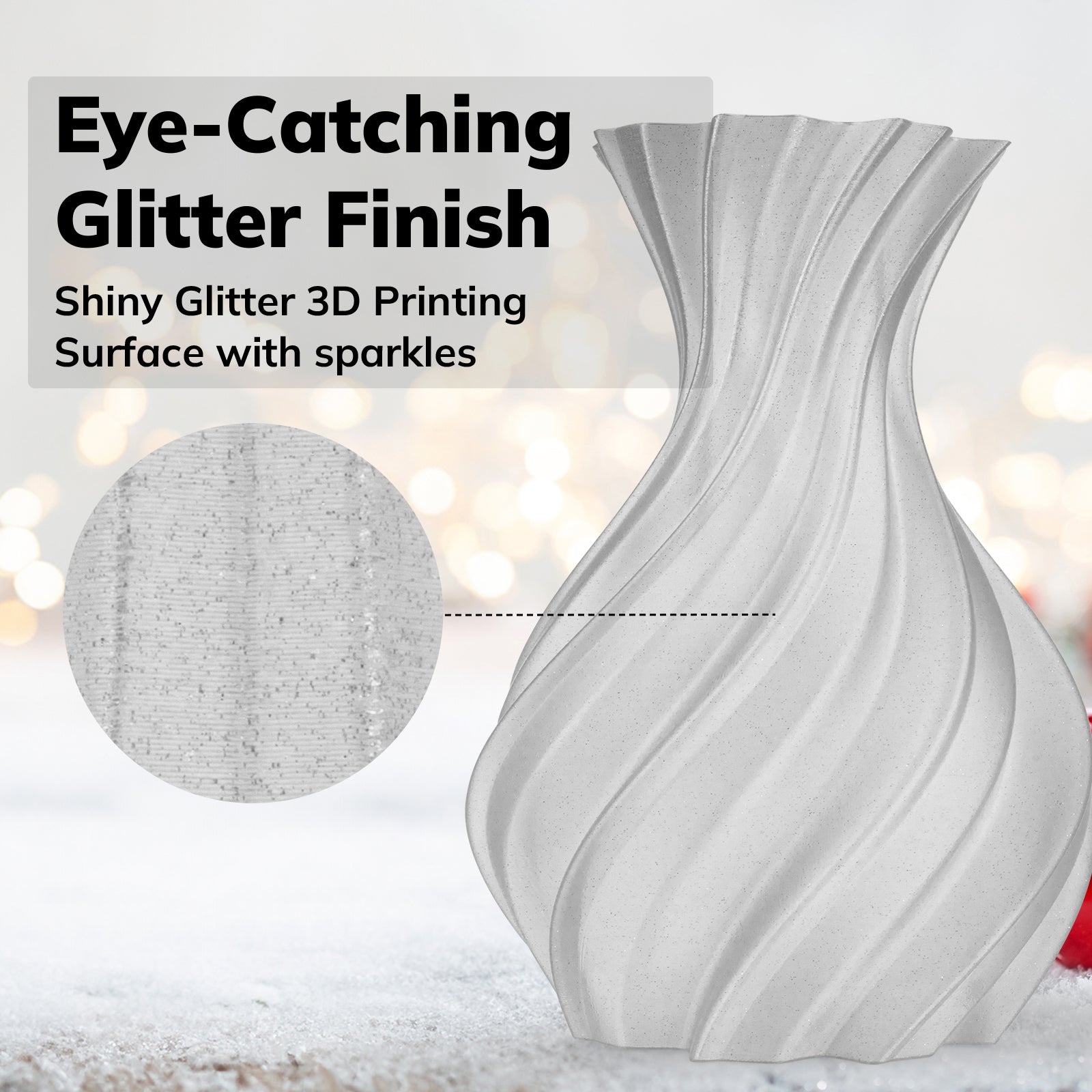Amolen PLA Shiny glitter filament 3D-printed vase, showcasing a white glitter finish.