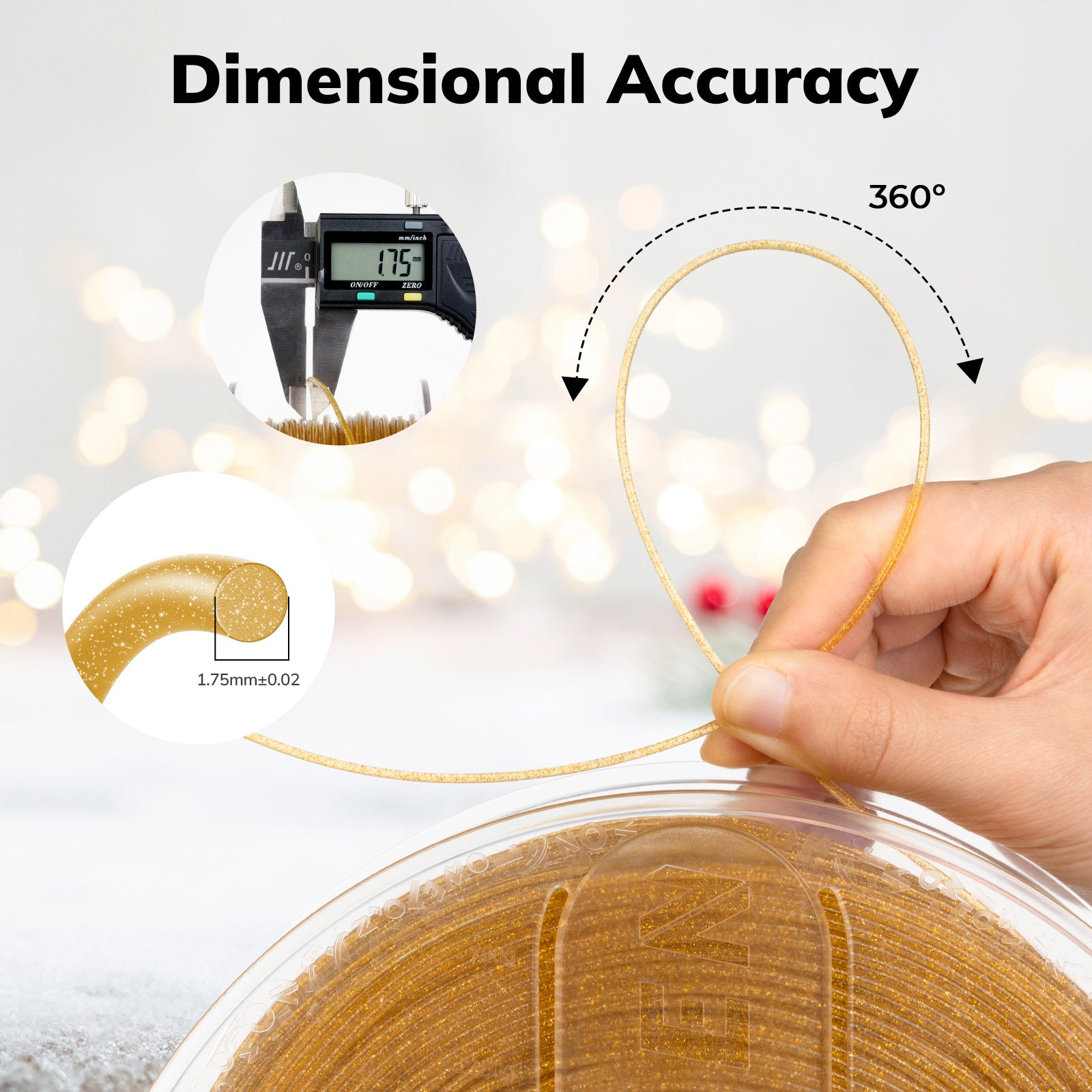Amolen PLA Shiny Gold filament, 1.75mm with dimensional accuracy display, ideal for 3D printing projects.