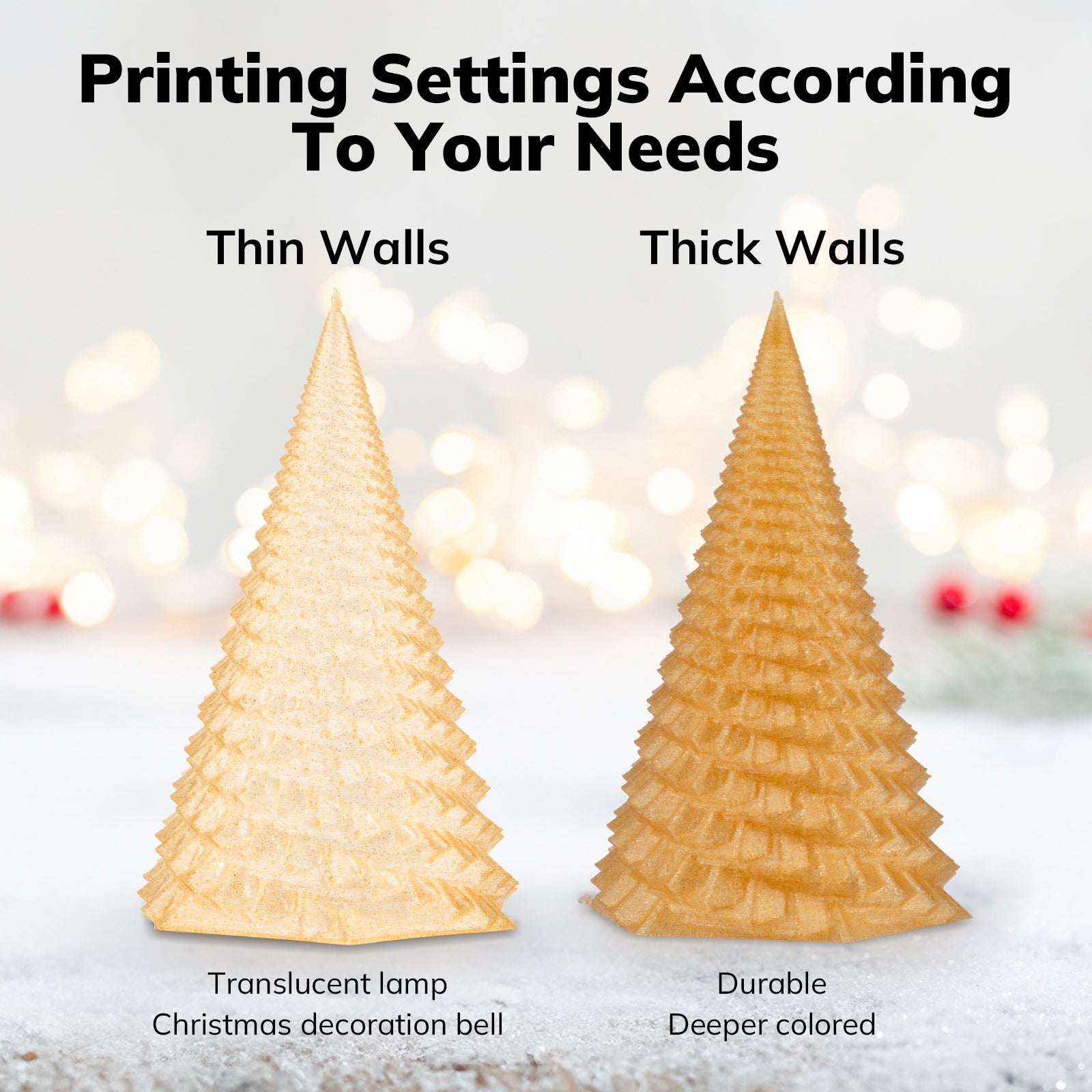 Amolen PLA Shiny glitter filament 3D-printed Christmas tree, showing translucent vs. durable results.