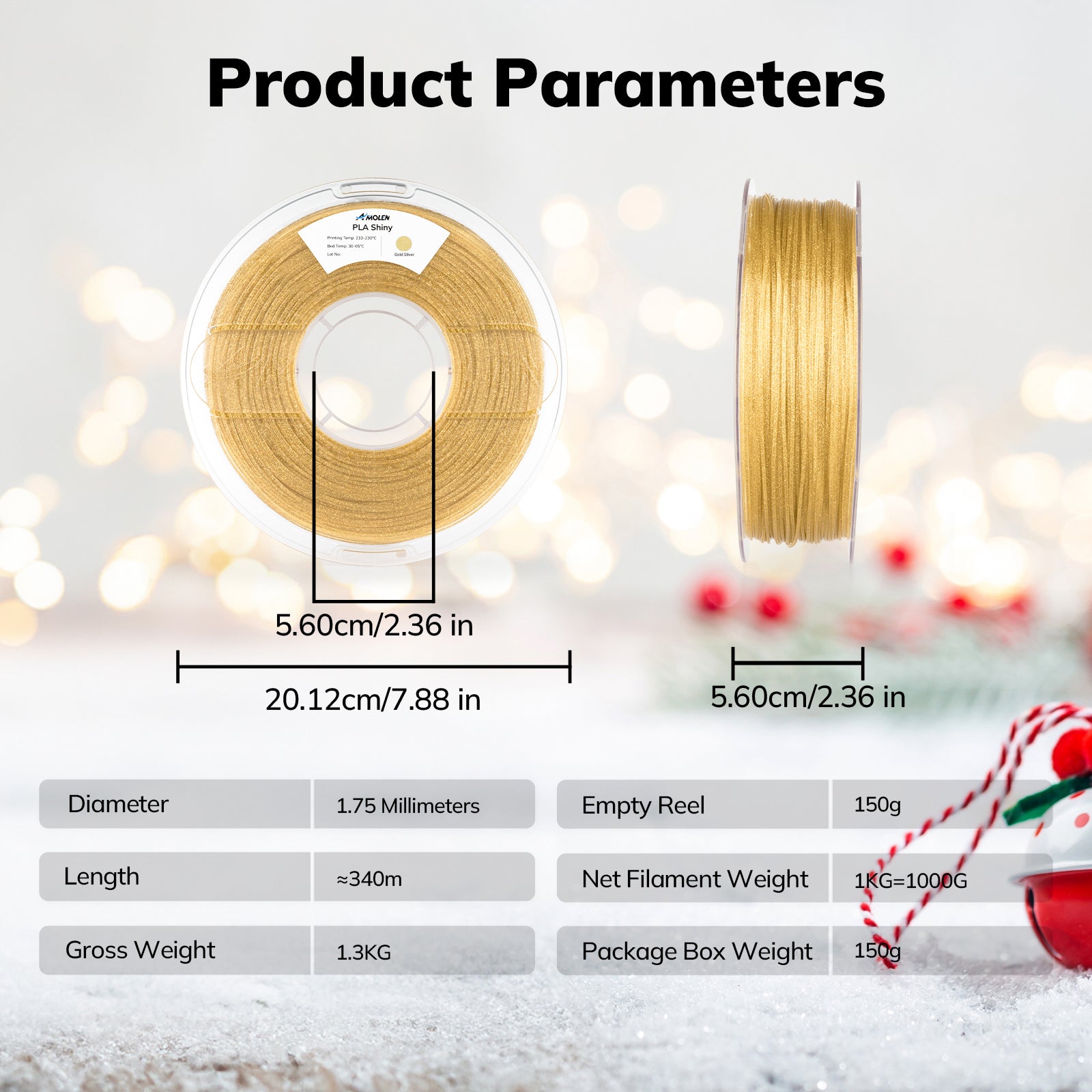Amolen PLA Shiny Gold Filament, 1.75mm, product details with dimensional measurements, 1KG spool