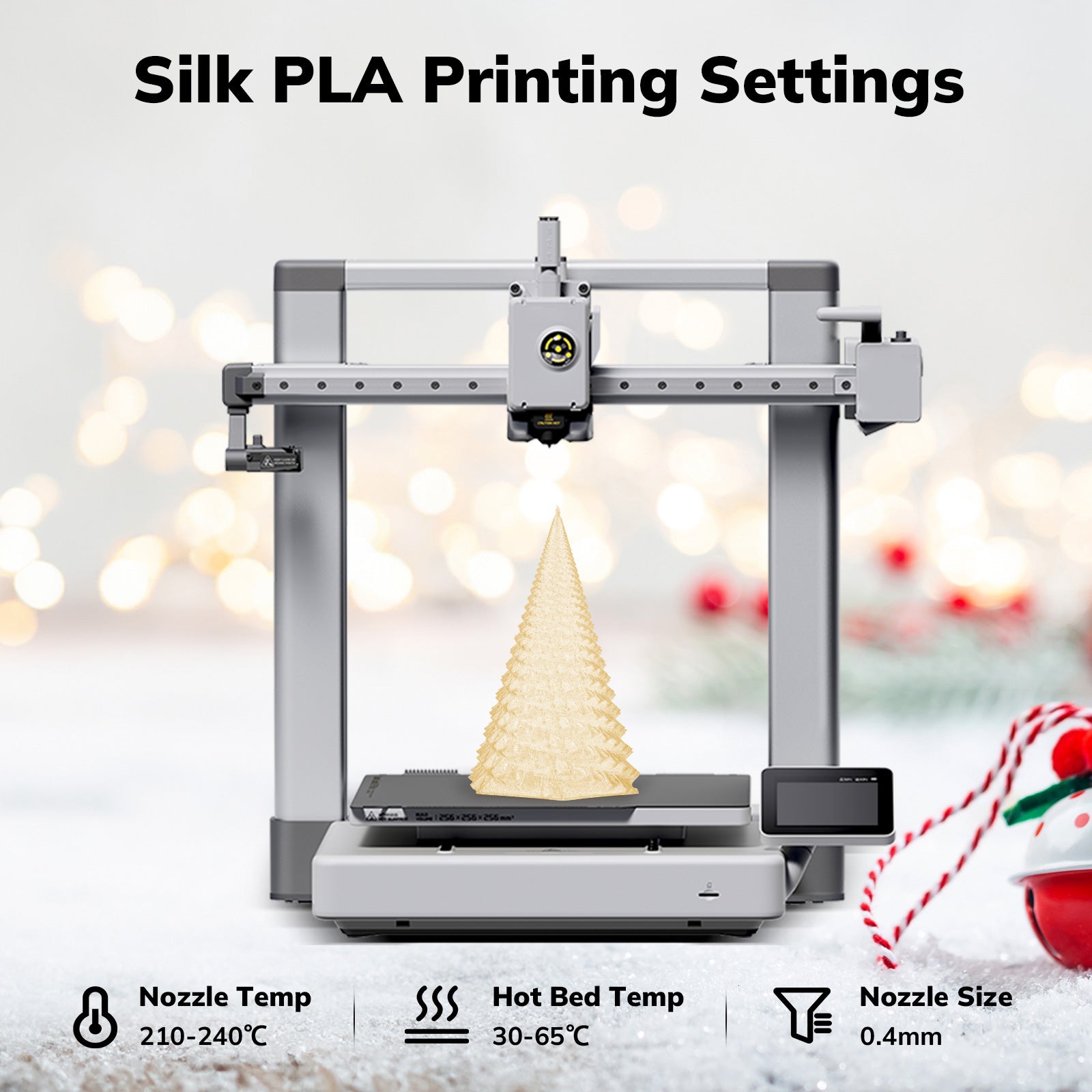 3D printed Christmas tree with Silk PLA filament. Printing settings displayed: nozzle temp, bed temp, nozzle size.