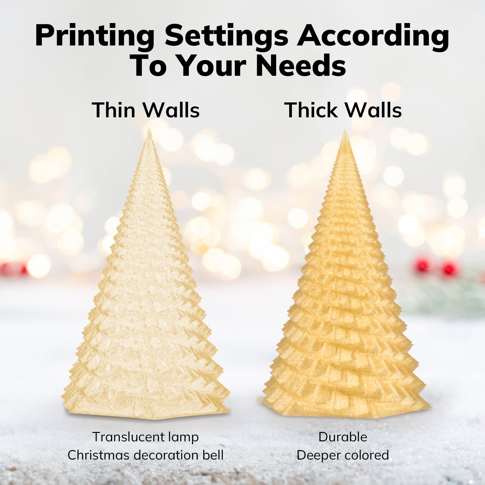 3D printed Christmas trees comparison: Thin and Thick Walls. Amolen Shiny PLA Glitter filament for durable decorations
