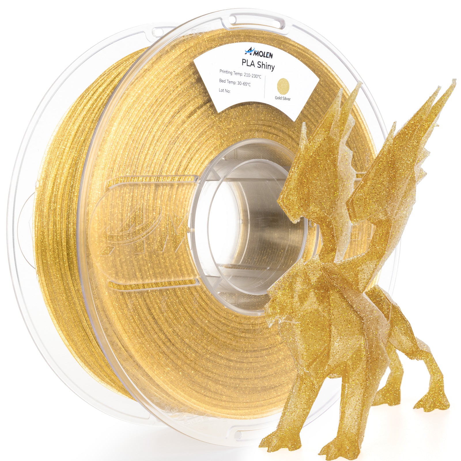 Amolen PLA Shiny Gold Silver filament spool with 3D-printed creature. Ideal for 3D printing projects.