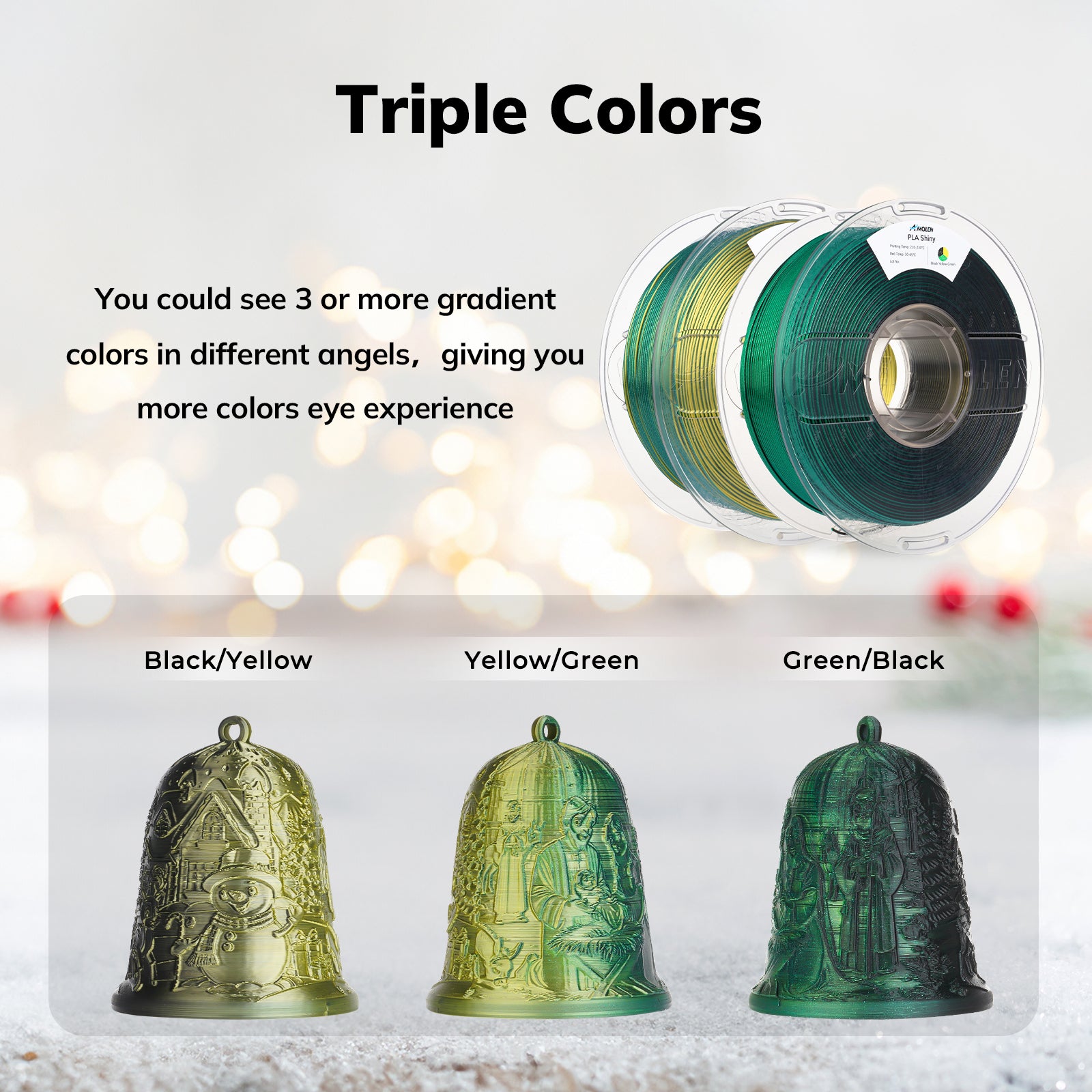 Amolen PLA Shiny filament, triple-color 3D prints: Black/Yellow, Yellow/Green, Green/Black bells and gradient spools.