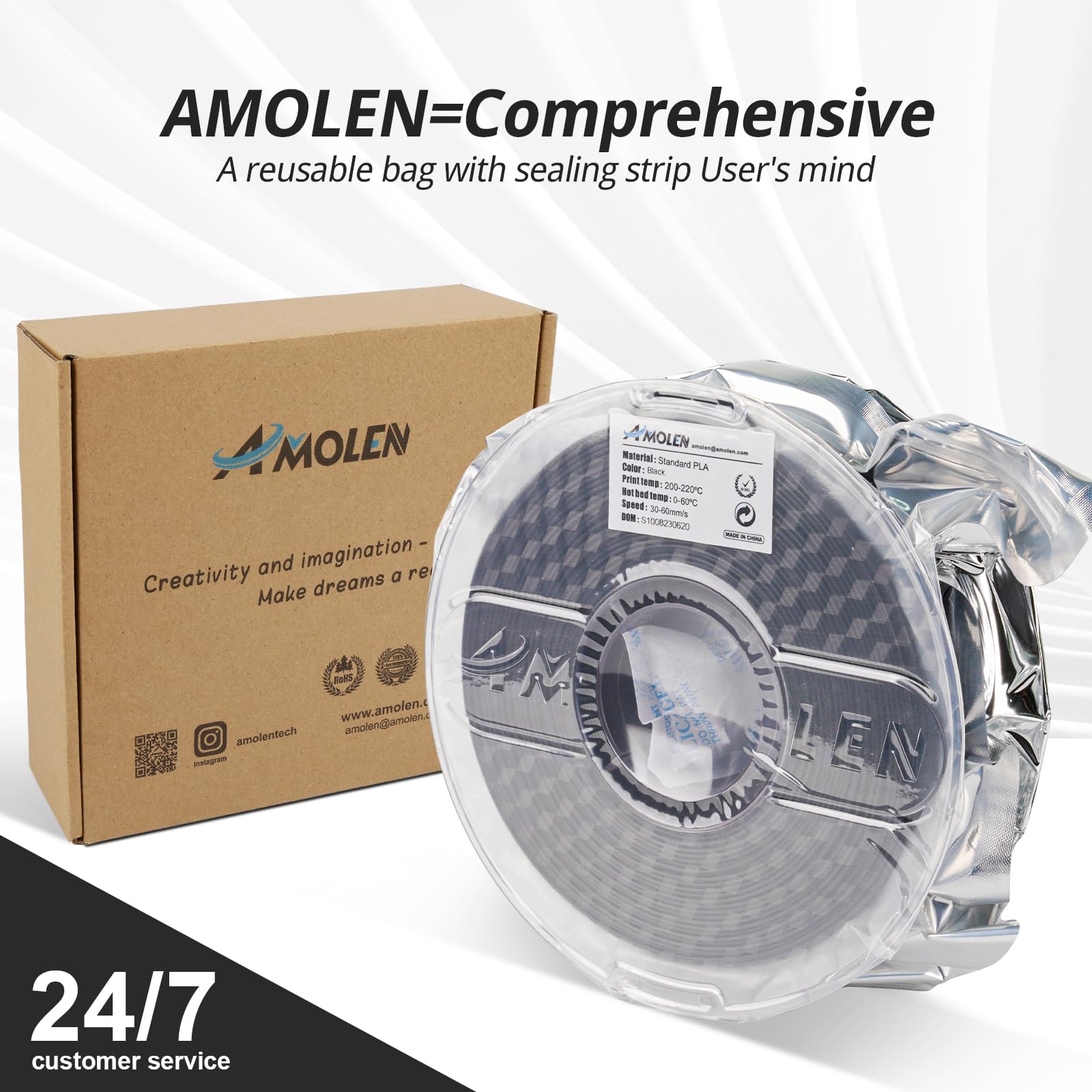 Amolen Black Standard PLA filament spool with 3D printing specs on the label