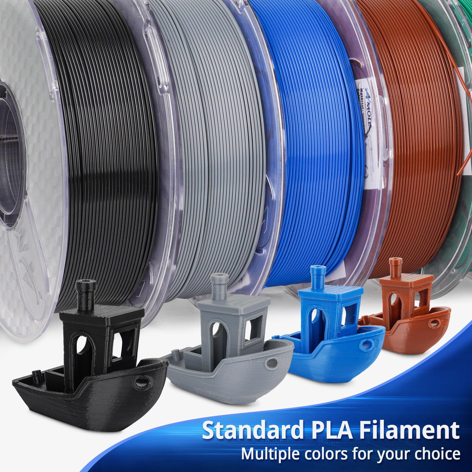 Amolen Standard PLA Filament variety pack in various colors with 3D printed boat models.