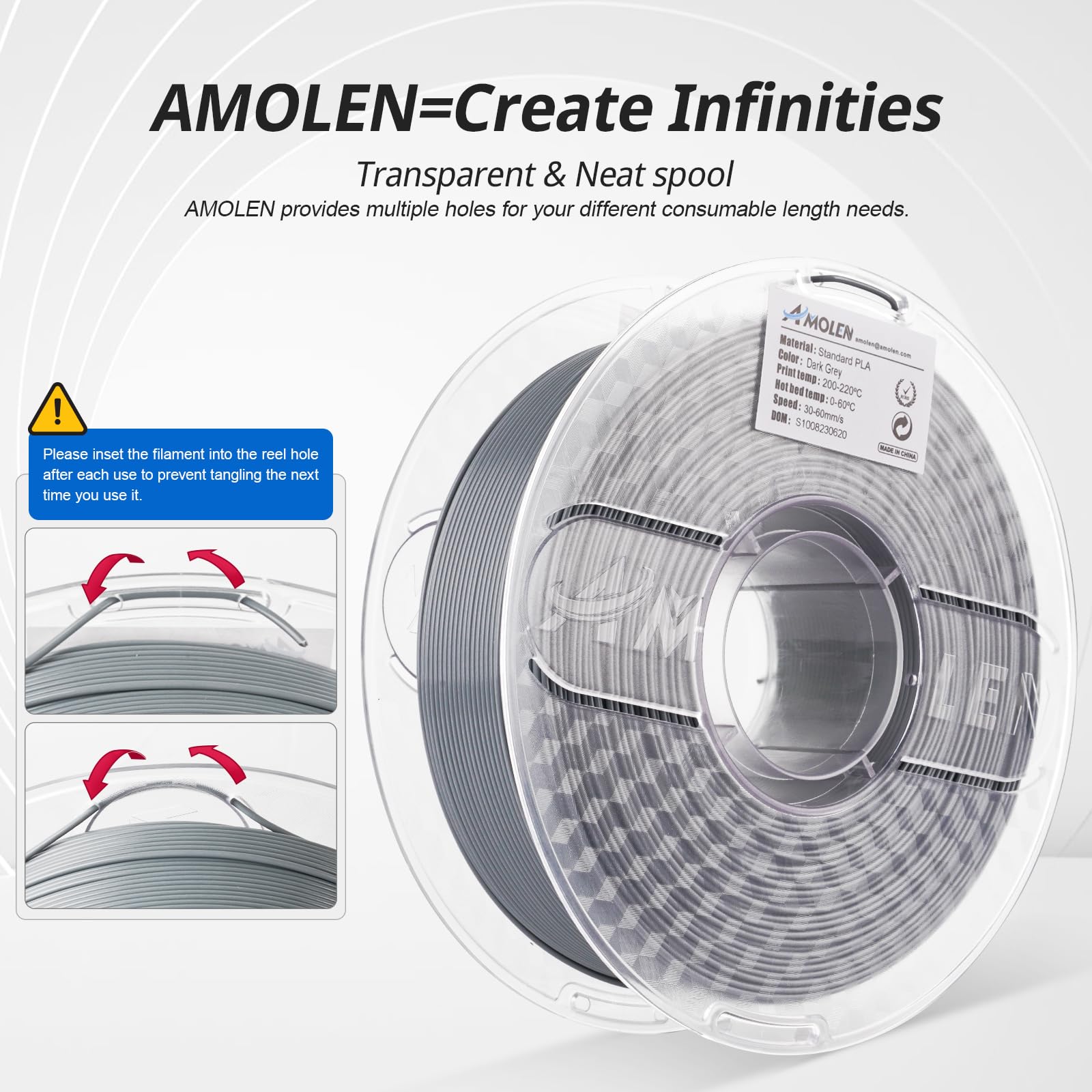 Amolen Dark Grey PLA filament spool for high-speed 3D printing, with instructions for use.