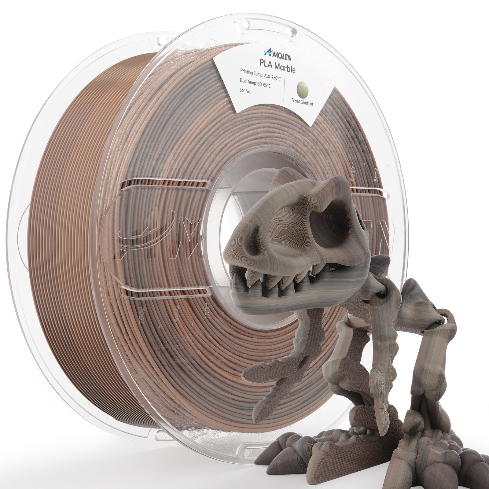 Amolen PLA Marble 1.75mm filament spool with 3D dinosaur model, fossil gradient texture, 3D printing material