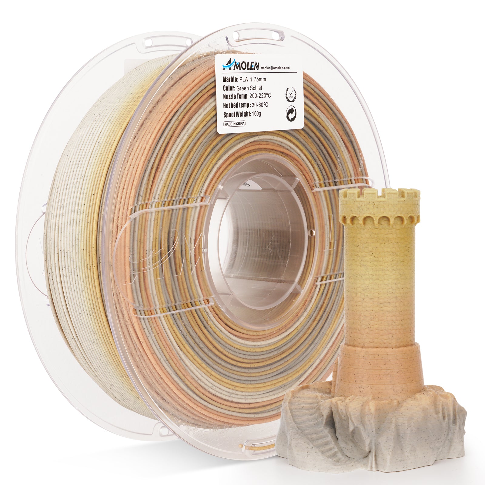 Amolen PLA Marble 1.75mm filament spool with a 3D-printed castle, Green Schist color, ideal for 3D printing.