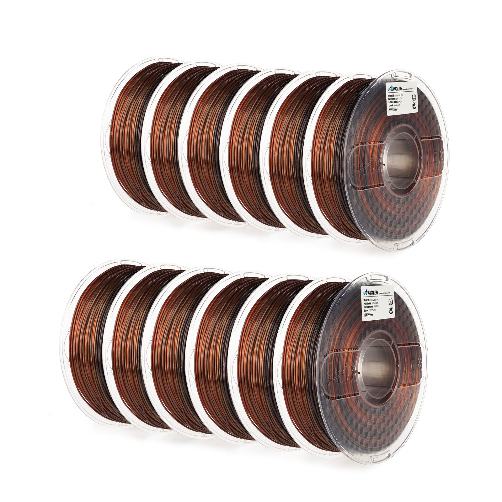 Amolen 12-Pack Silk Shiny Gradient PLA Filament in Brown, 1.75mm. Bulk 3D printing material.