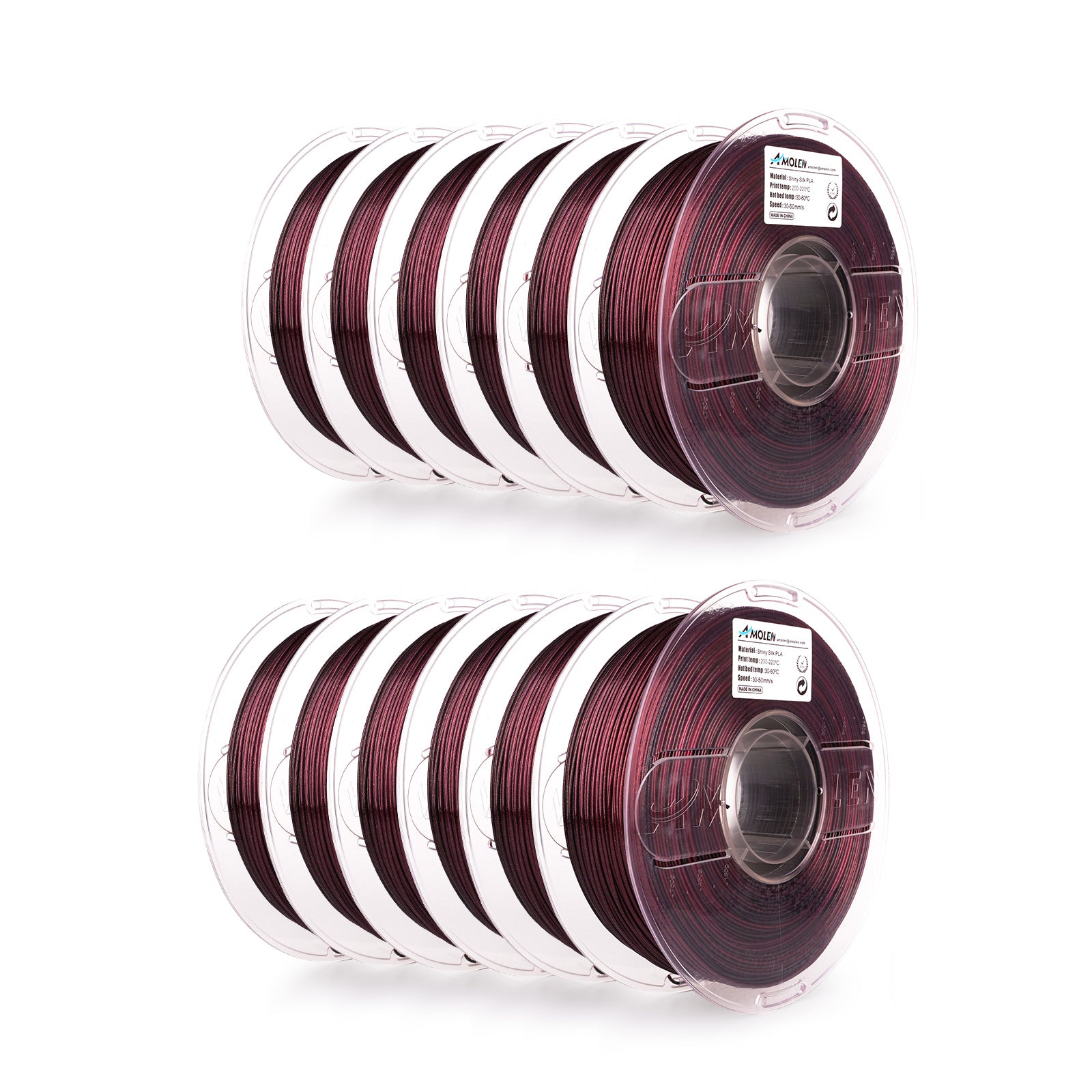 Amolen 12-pack Silk Shiny PLA Filament in Burgundy. 1.75mm, with details on printing settings.